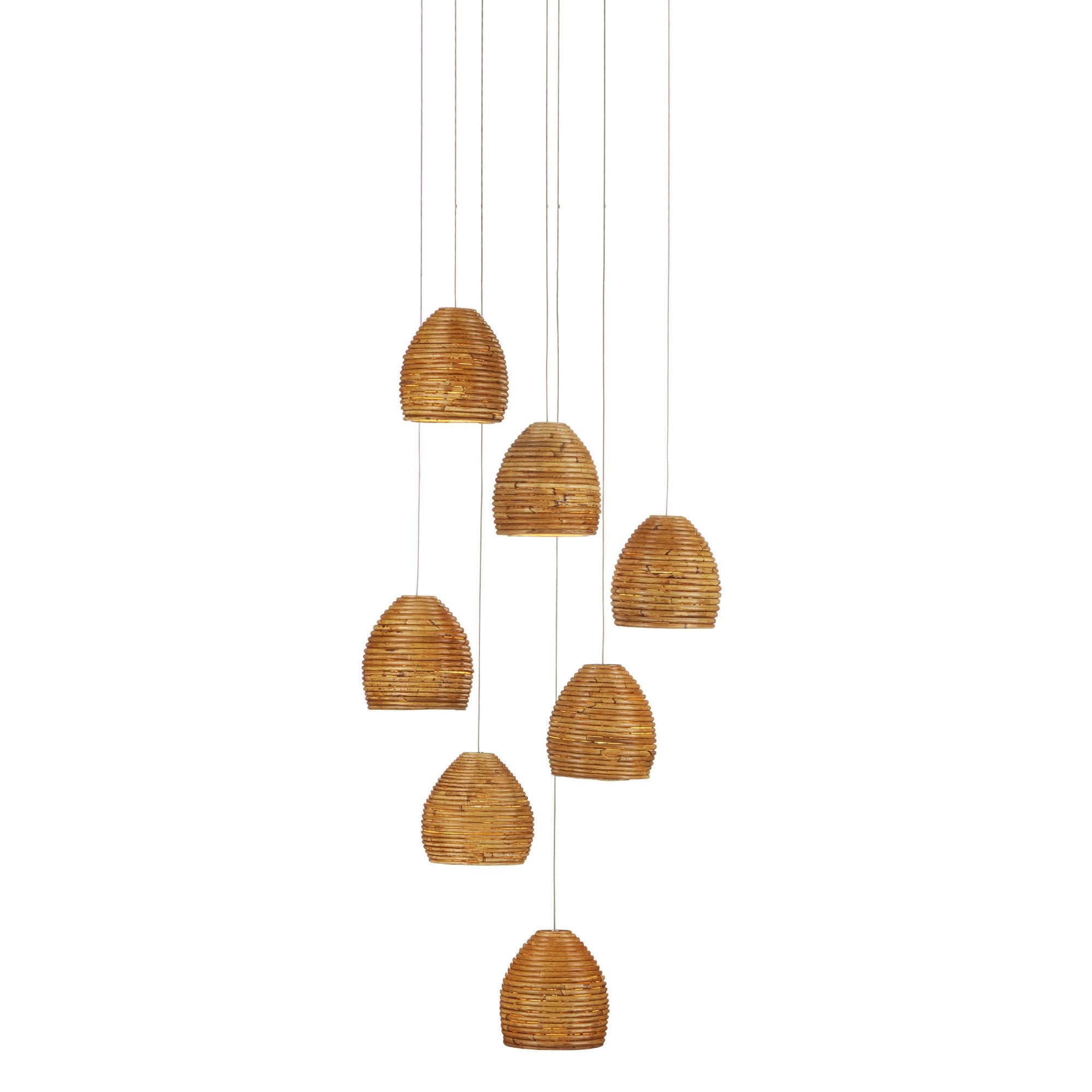 Beehive 7-Light Round Multi-Drop Pendant - Natural Rattan/Silver