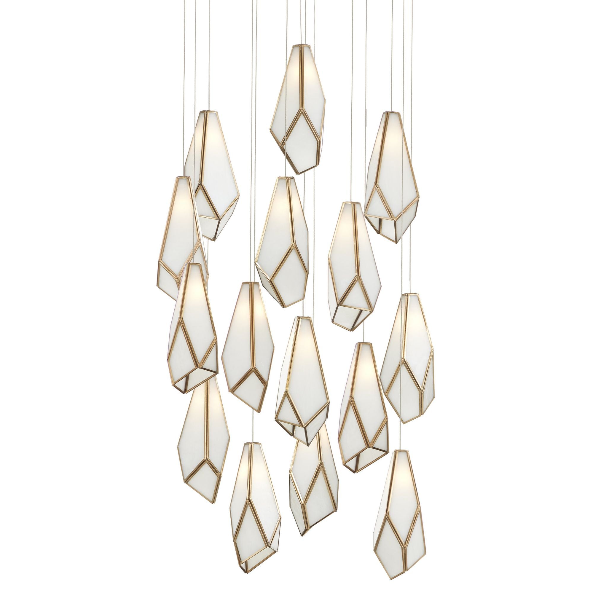 Glace White 15-Light Round Multi-Drop Pendant - White/Antique Brass/Silver