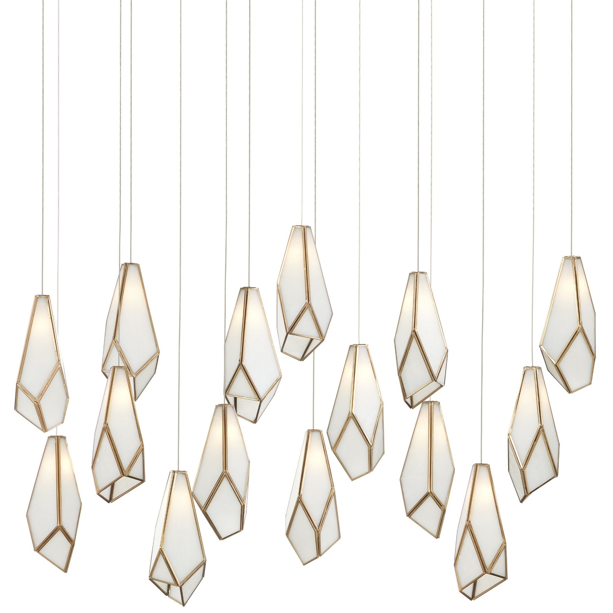 Glace White 15-Light Rectangular Multi-Drop Pendant - White/Antique Brass/Silver