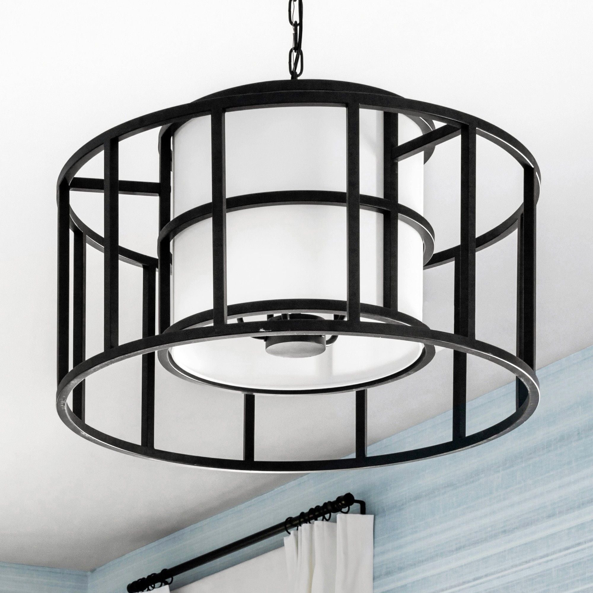Brian Patrick Flynn Hulton 5 Light Matte Black Lantern Chandelier Silk Shade 25"W x 16"H x 25"D