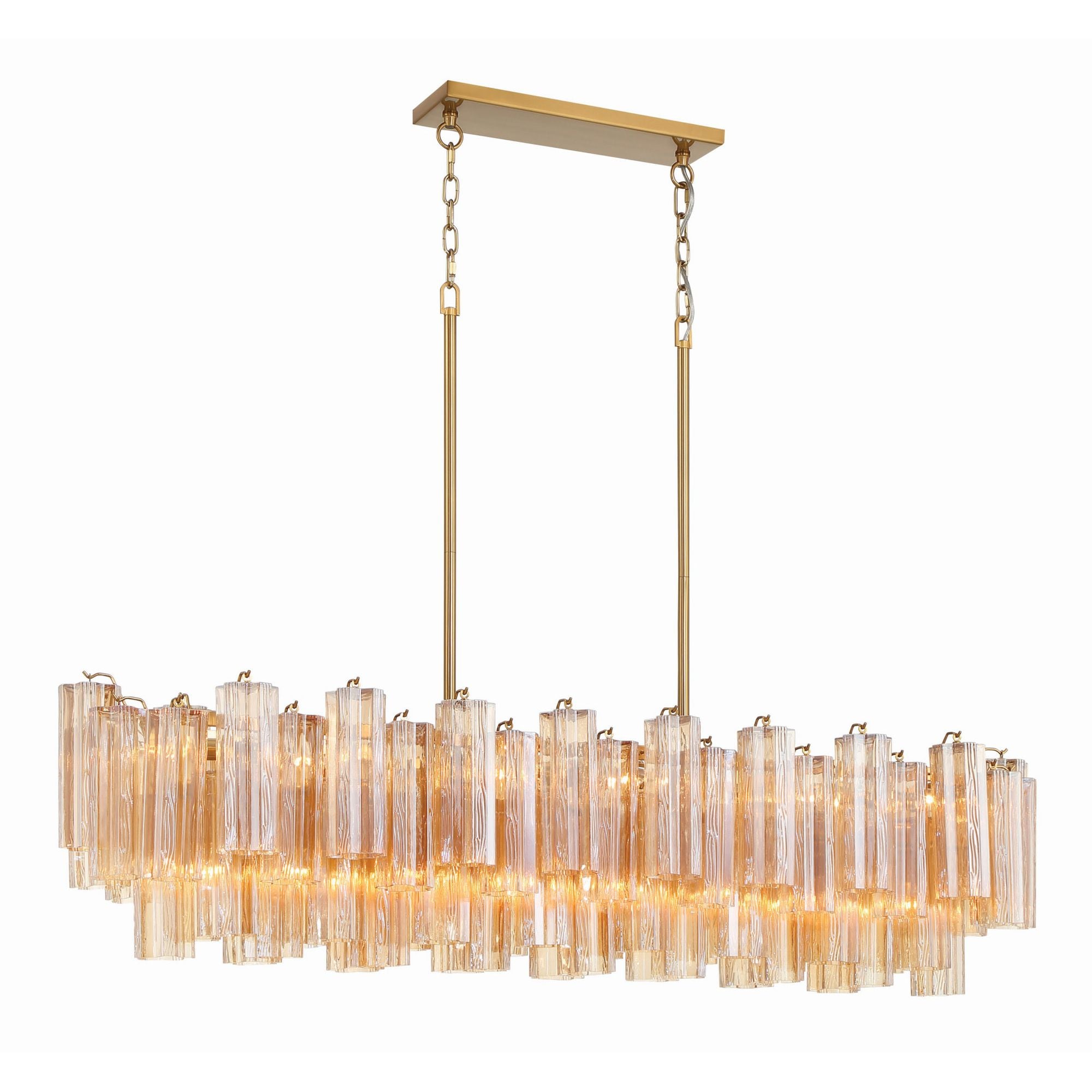 Addis 14 Light Aged Brass Linear Chandelier Tronchi Glass Amber 51.75"W x 14.25"H x 14"D