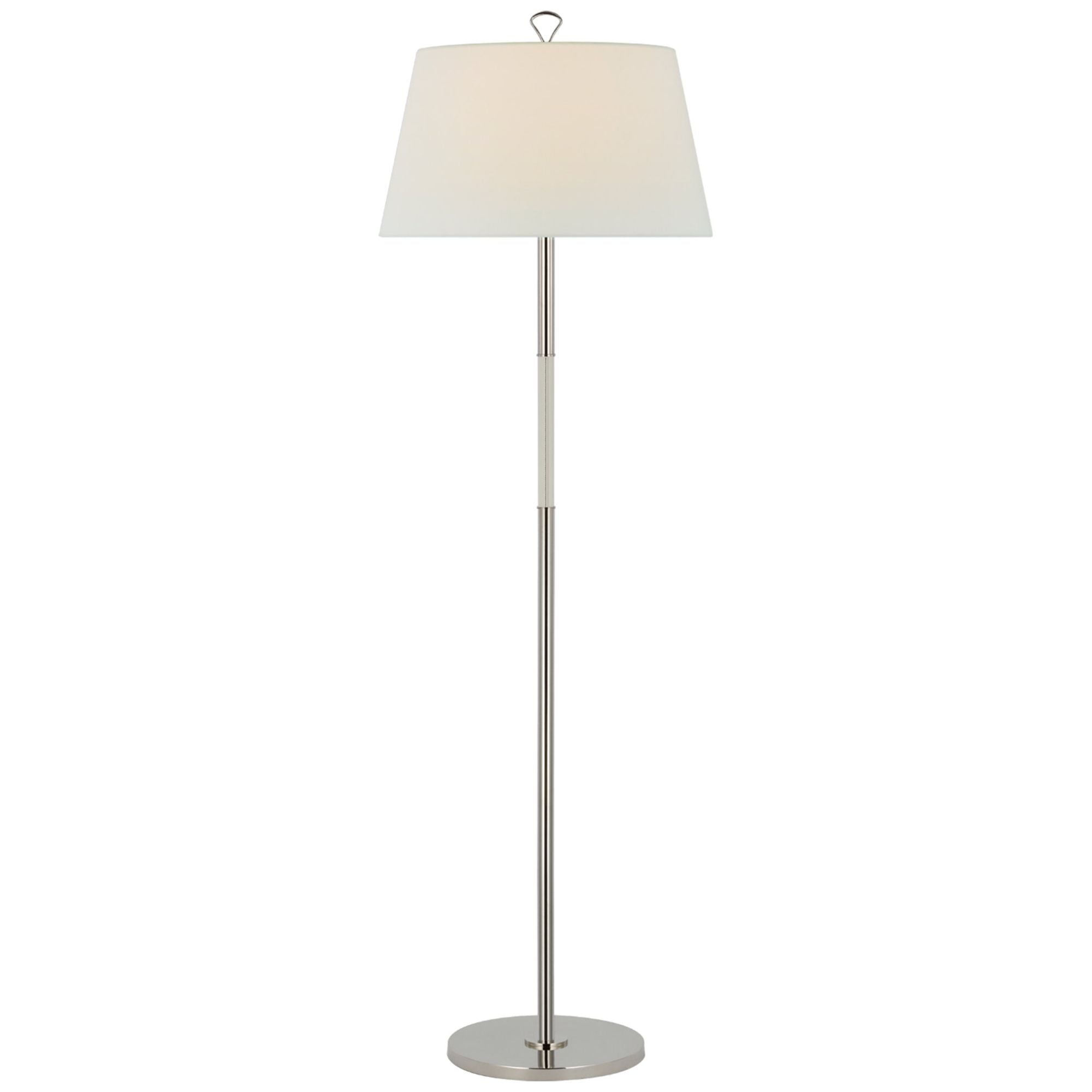 Amber Lewis Griffin Large Floor Lamp in Polished Nickel and Parchment Leather with Linen Shade W19.5" x H62.5"