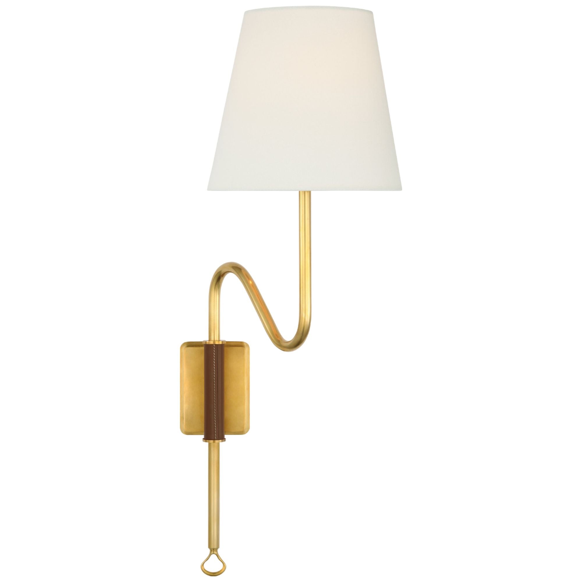 Amber Lewis Griffin Articulating Sconce in Hand-Rubbed Antique Brass and Saddle Leather with Linen Shade Wall Light W7.5" x H23.25"