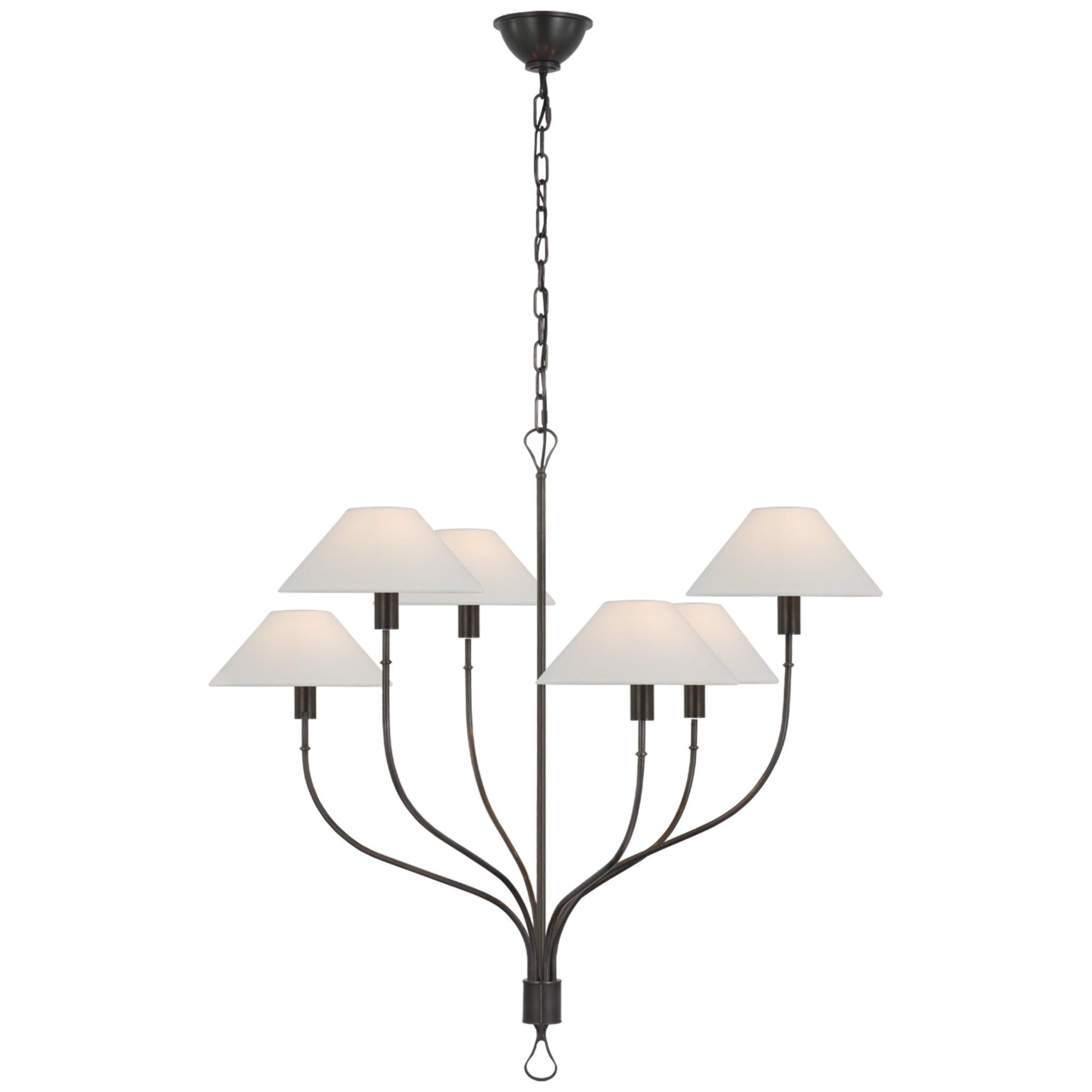 Amber Lewis Griffin Large Staggered Tail Chandelier in Bronze and Chocolate Leather with Linen Shades Ceiling Light W36.5" x H35.5"