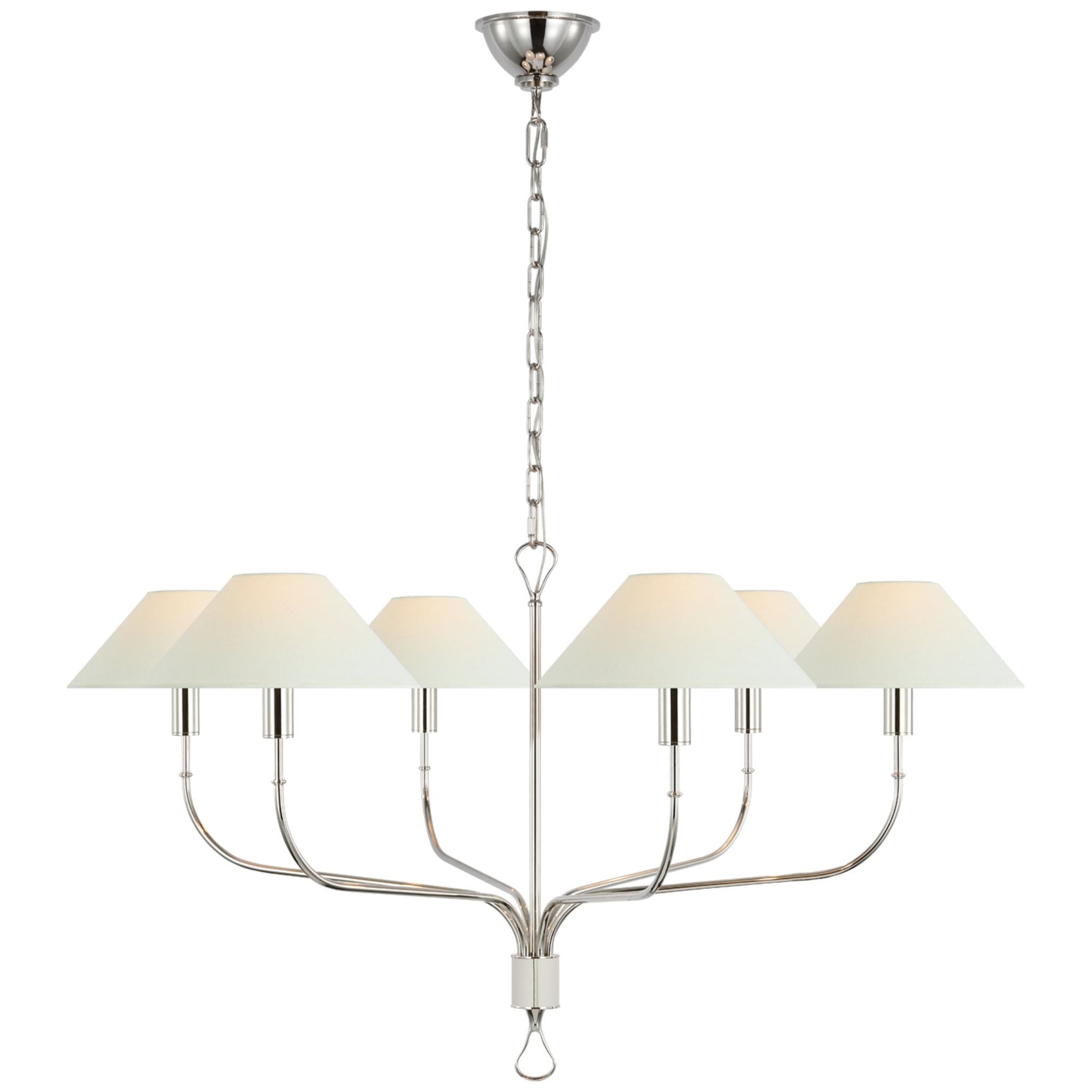 Amber Lewis Griffin Extra Large Tail Chandelier in Polished Nickel and Parchment Leather with Linen Shades Ceiling Light W42" x H23.5"