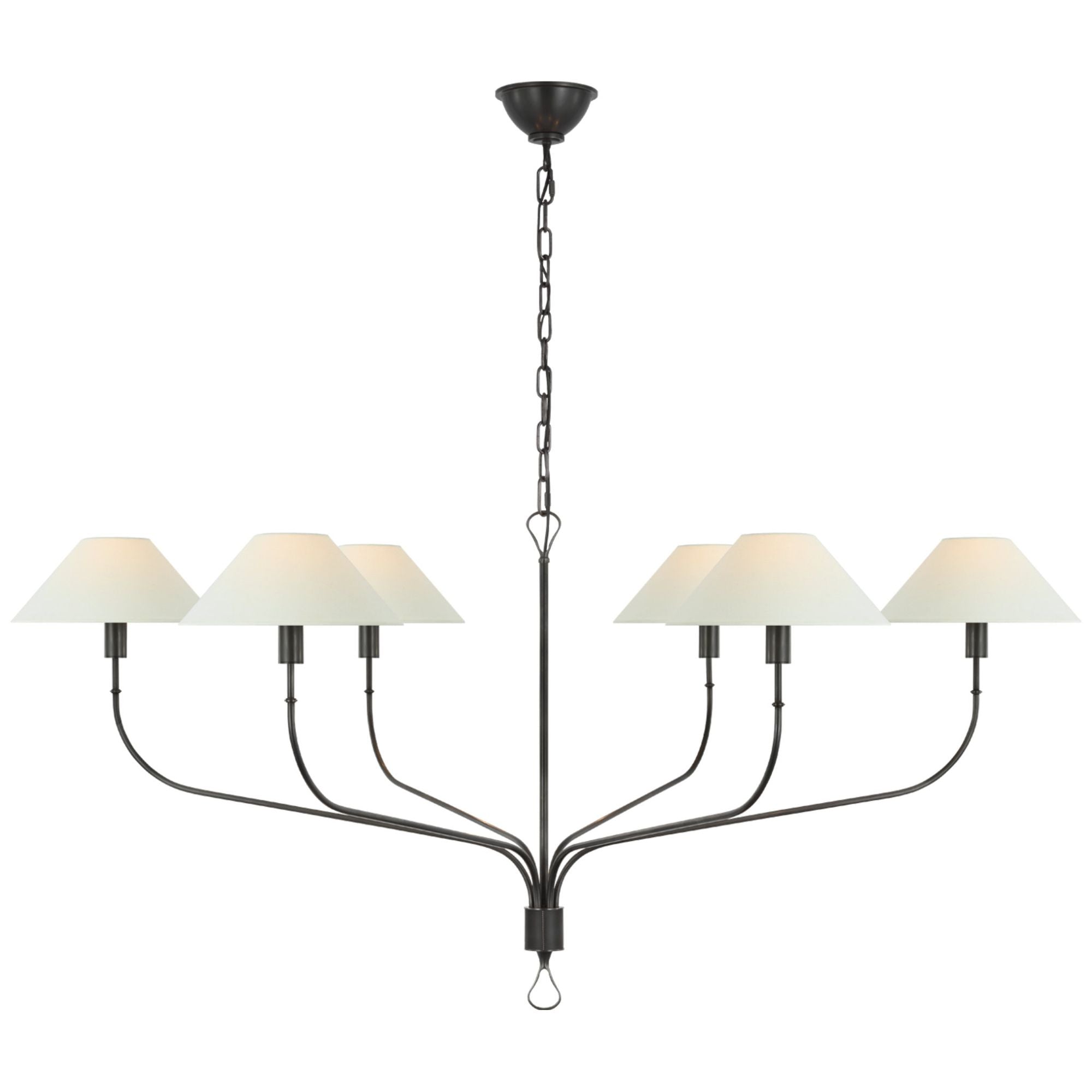 Amber Lewis Griffin Grande Tail Chandelier in Bronze and Chocolate Leather with Linen Shades Ceiling Light W56" x H26.5"
