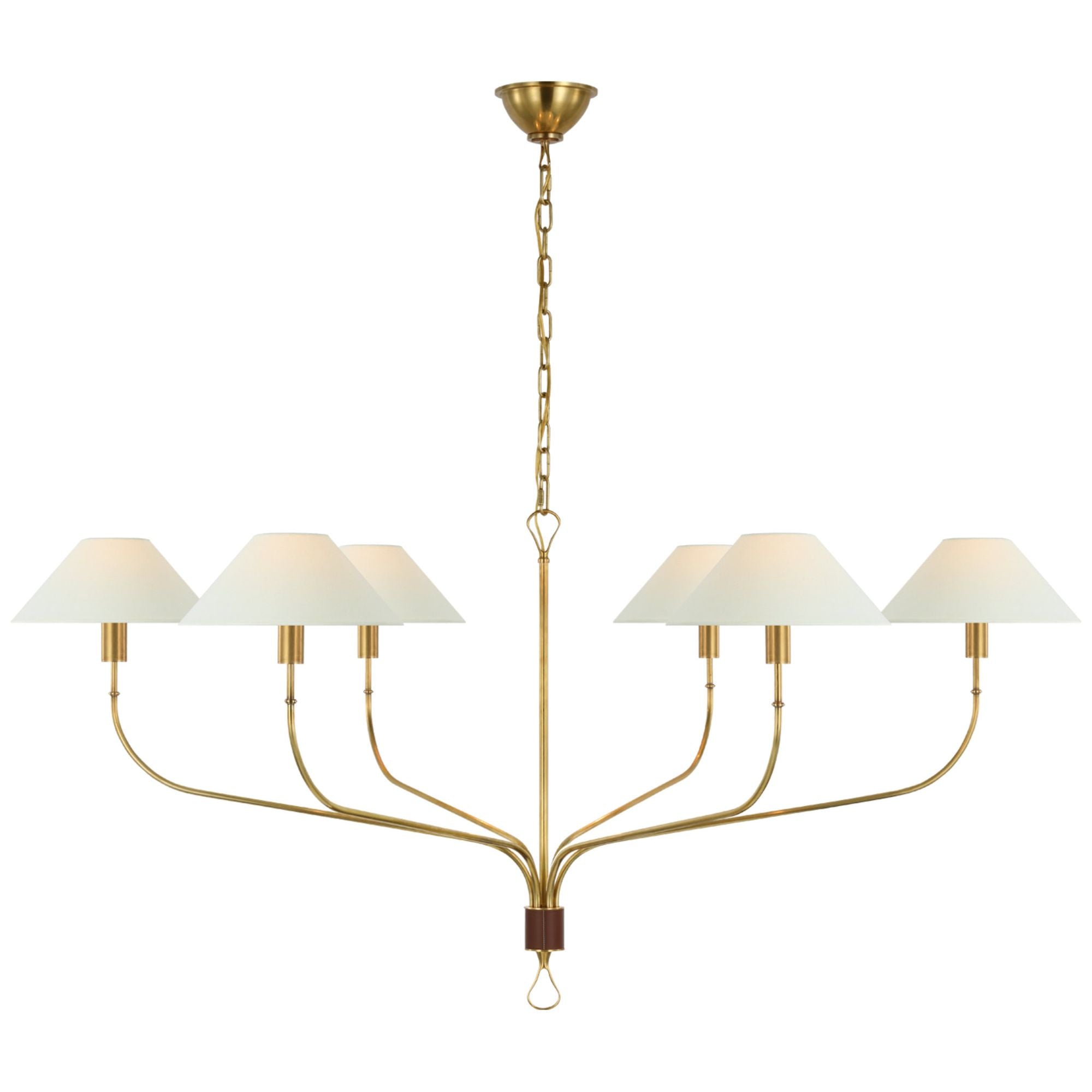 Amber Lewis Griffin Grande Tail Chandelier in Hand-Rubbed Antique Brass and Saddle Leather with Linen Shades Ceiling Light W56" x H26.5"