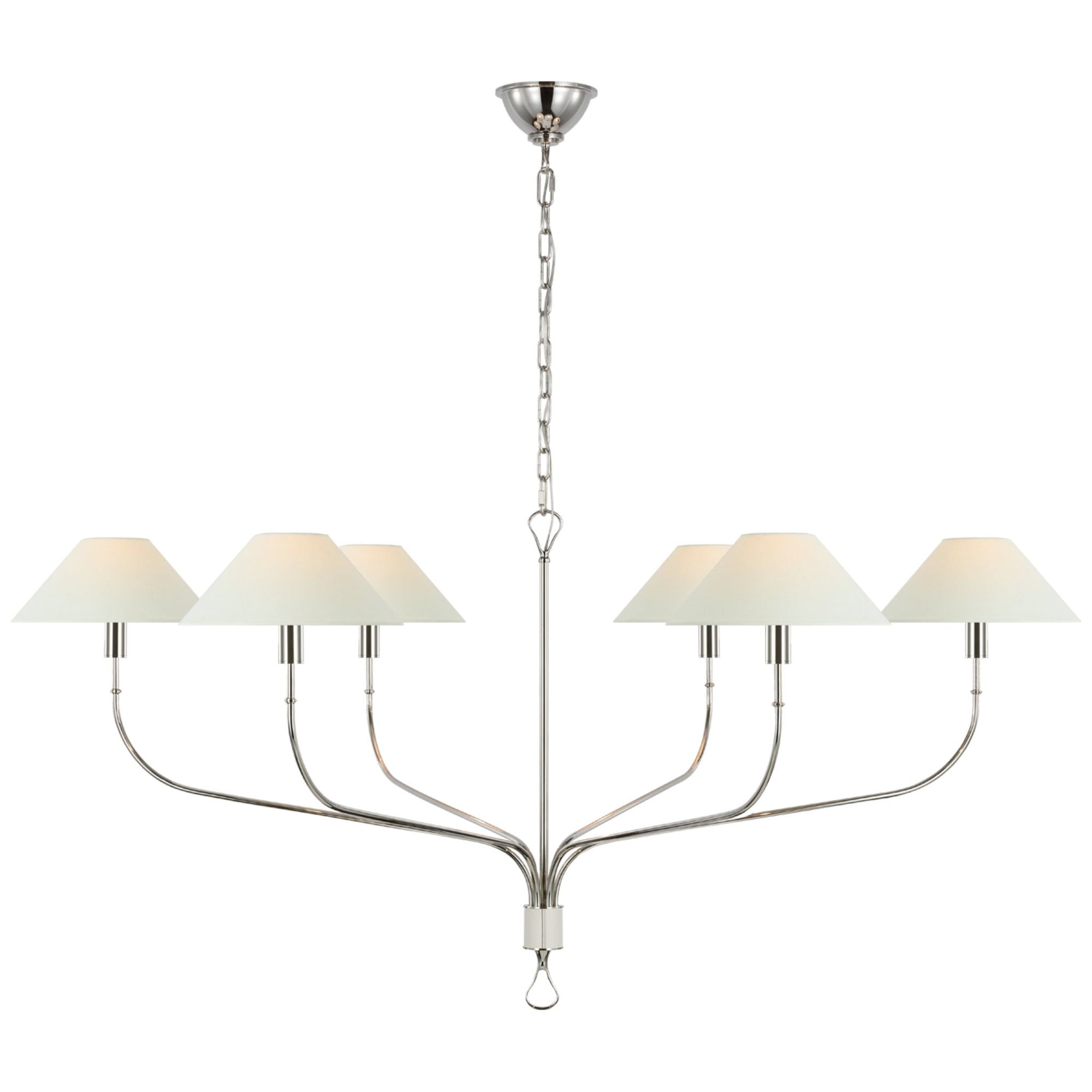 Amber Lewis Griffin Grande Tail Chandelier in Polished Nickel and Parchment Leather with Linen Shades Ceiling Light W56" x H26.5"