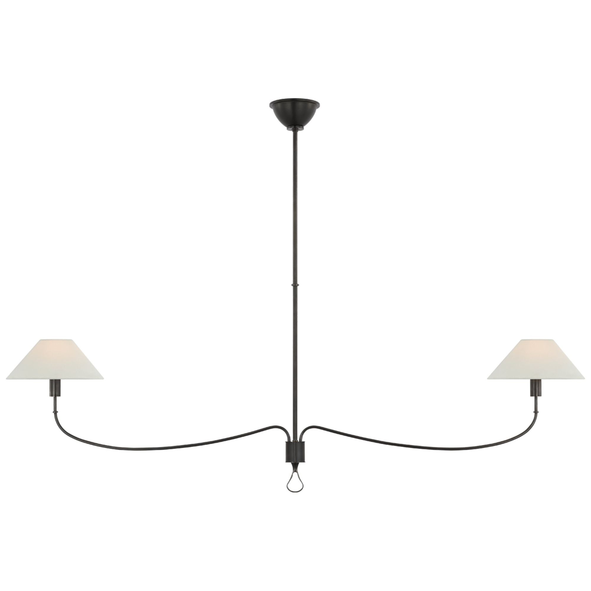 Amber Lewis Griffin Grande Linear Chandelier in Bronze and Chocolate Leather with Linen Shades Ceiling Light W10.5" x 62"