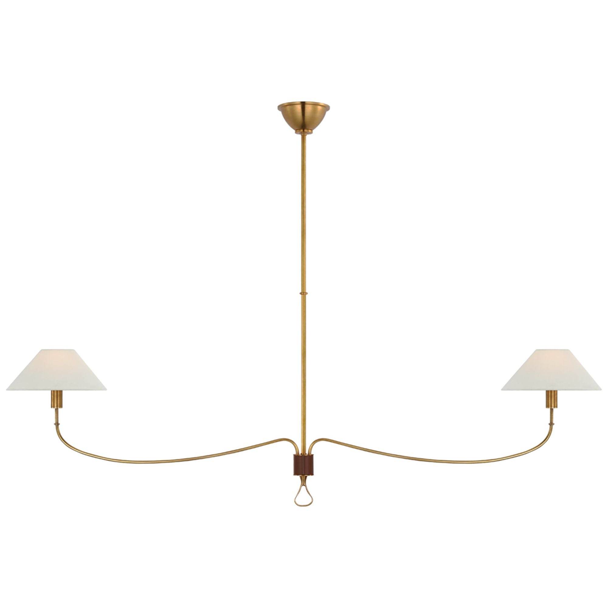 Amber Lewis Griffin Grande Linear Chandelier in Hand-Rubbed Antique Brass and Saddle Leather with Linen Shades Ceiling Light W10.5" x 62"