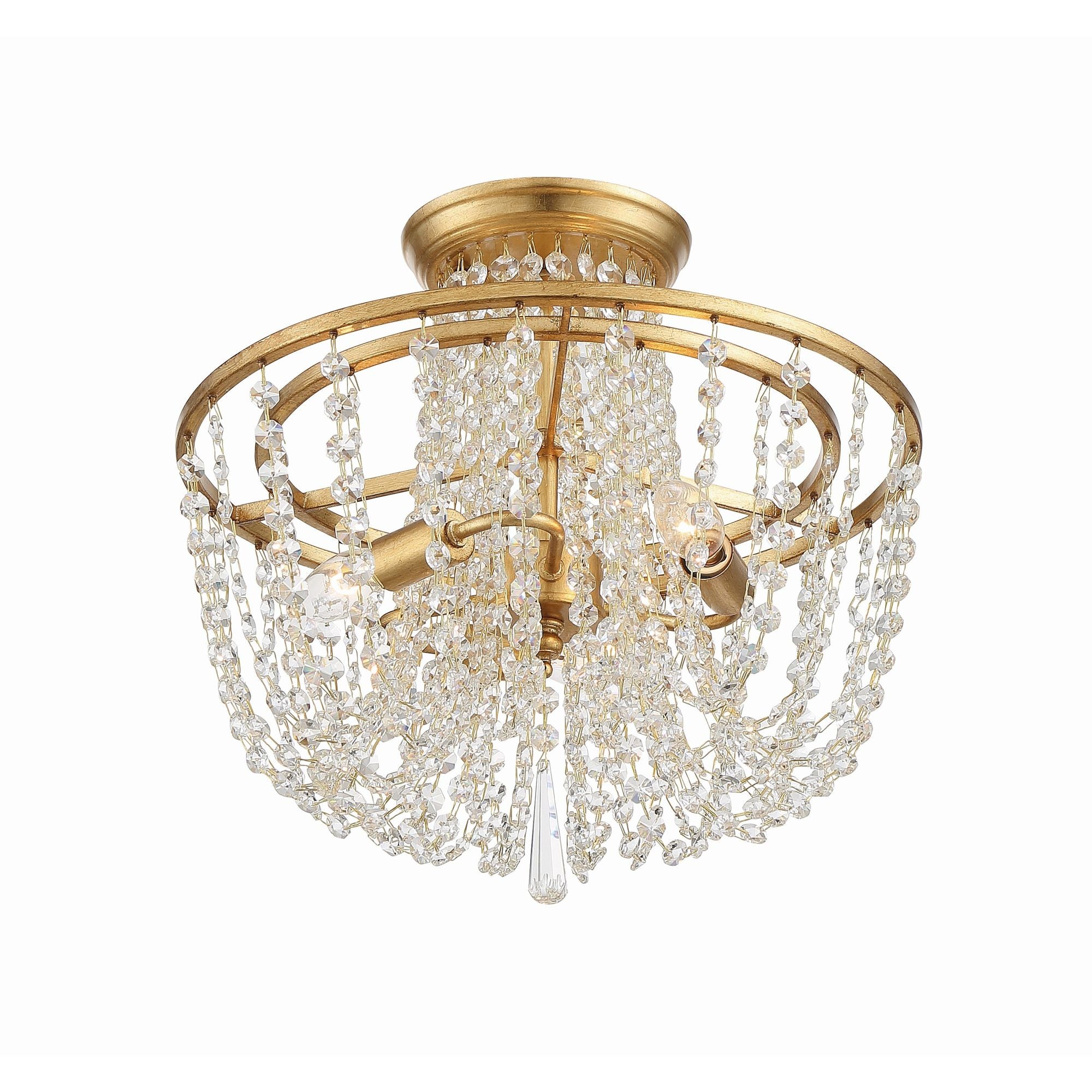 Arcadia 3 Light Antique Gold Semi Flush Mount Hand Cut Crystal 15"W x 13.75"H x 15"D