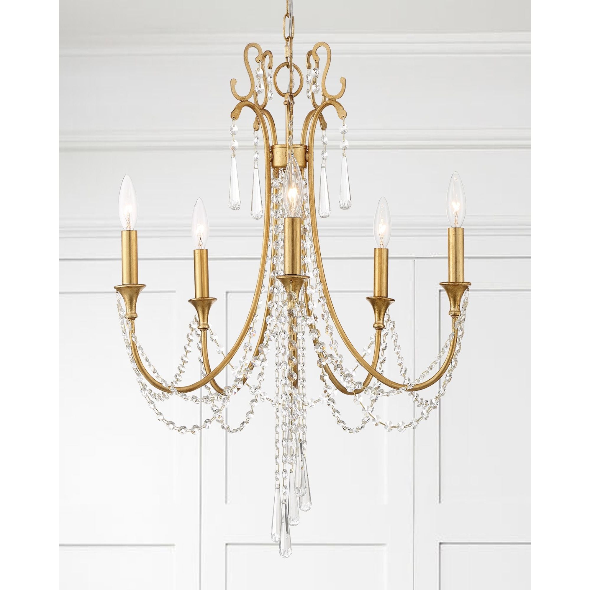 Arcadia 5 Light Antique Gold Chandelier Hand Cut Crystal 23.5"W x 28.5"H x 23.5"D