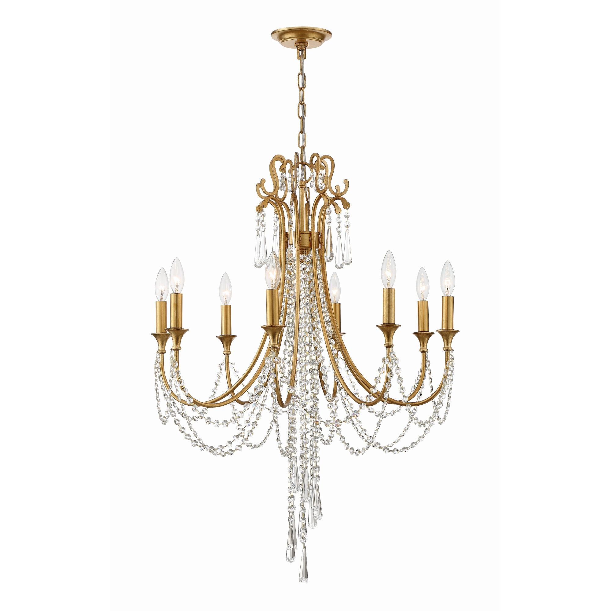 Arcadia 8 Light Antique Gold Chandelier Hand Cut Crystal 26"W x 36.25"H x 26"D