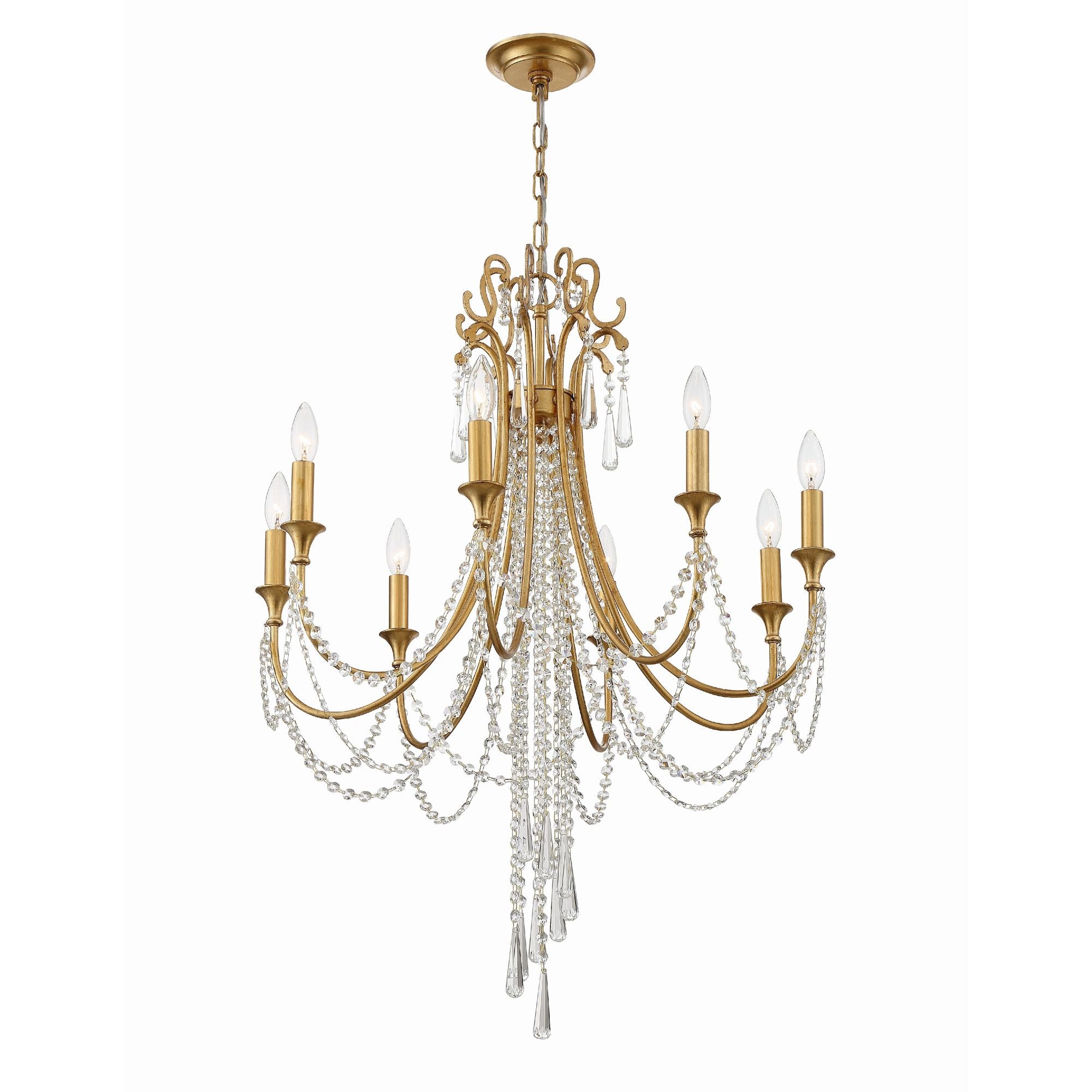 Arcadia 8 Light Antique Gold Chandelier Hand Cut Crystal 26"W x 36.25"H x 26"D