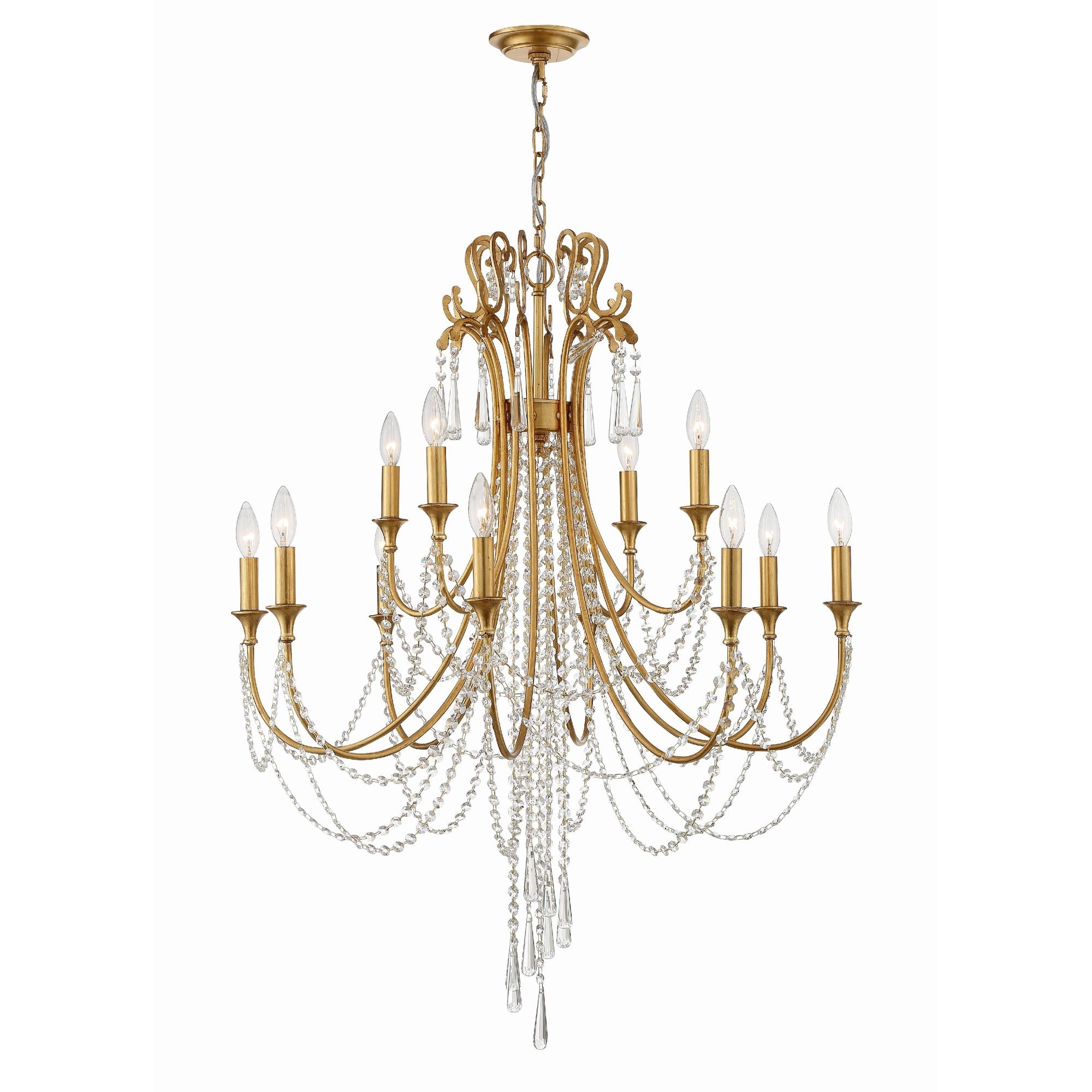 Arcadia 12 Light Antique Gold Chandelier Hand Cut Crystal 32.5"W x 41.5"H x 32.5"D