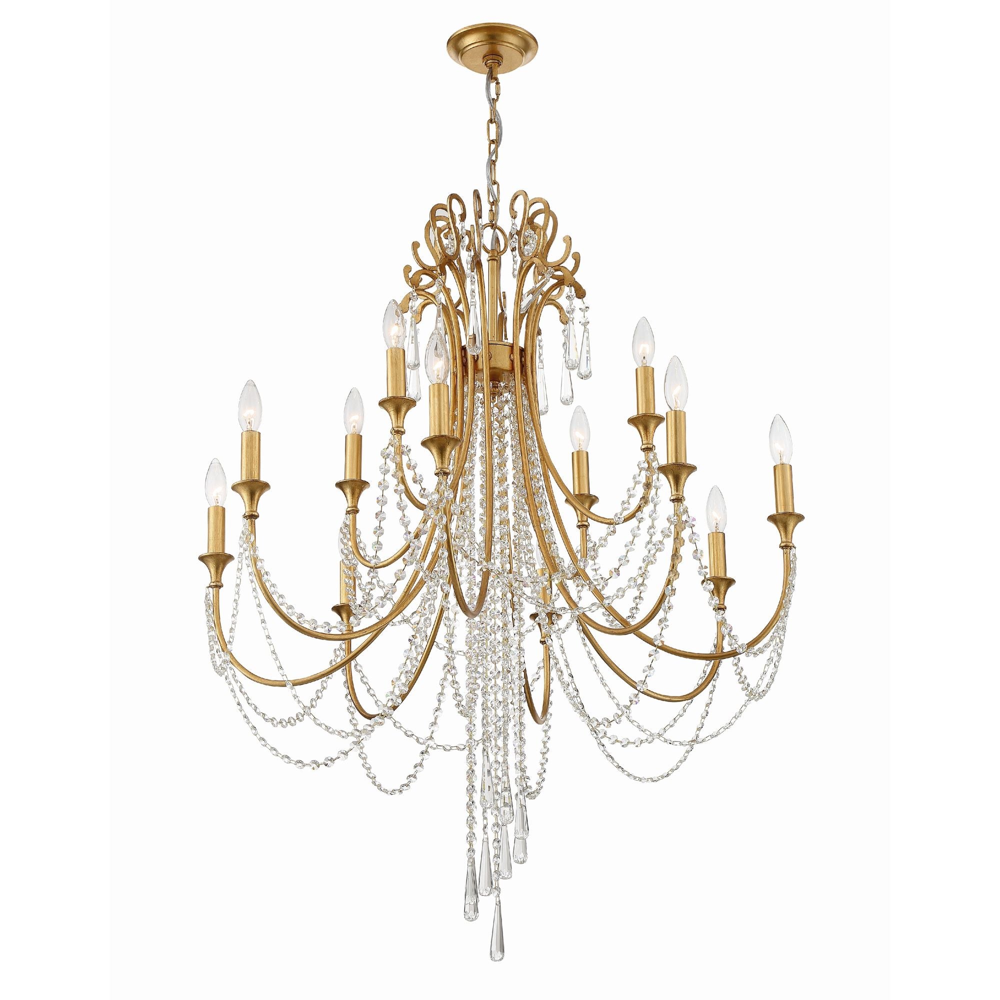 Arcadia 12 Light Antique Gold Chandelier Hand Cut Crystal 32.5"W x 41.5"H x 32.5"D