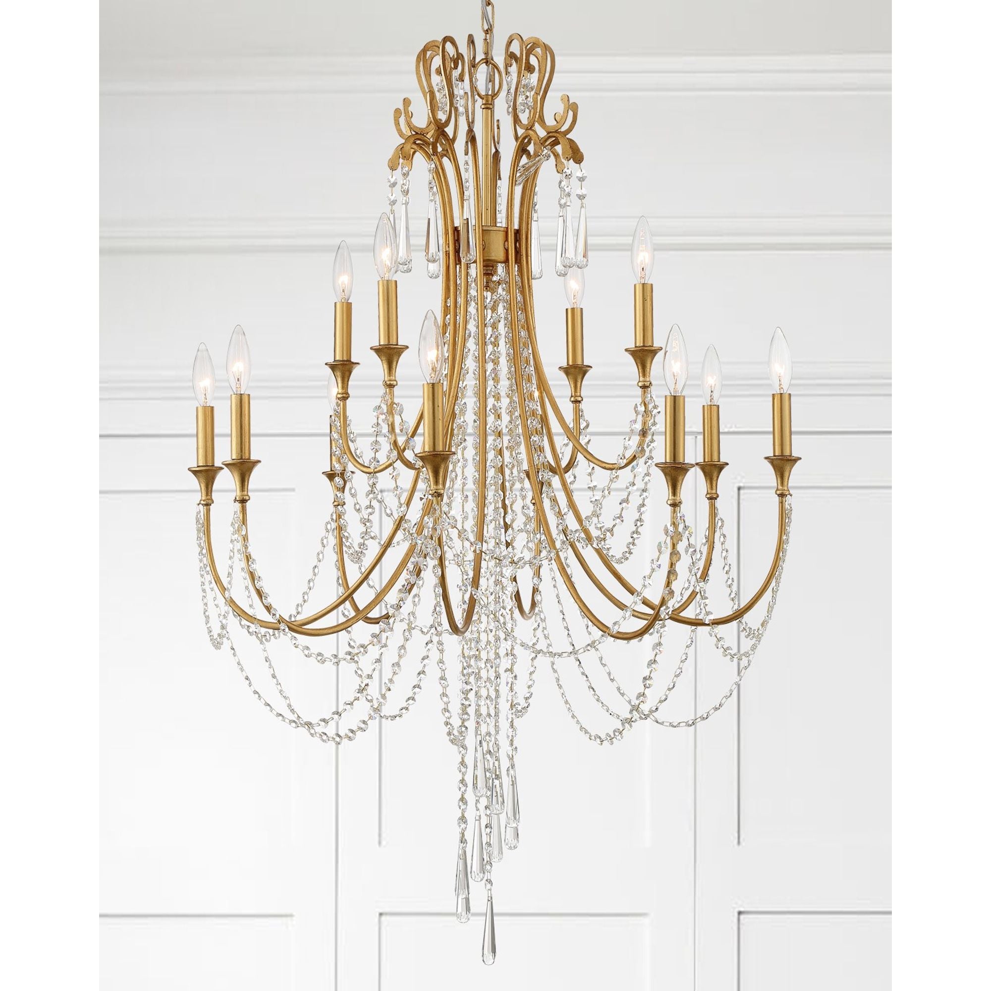 Arcadia 12 Light Antique Gold Chandelier Hand Cut Crystal 32.5"W x 41.5"H x 32.5"D