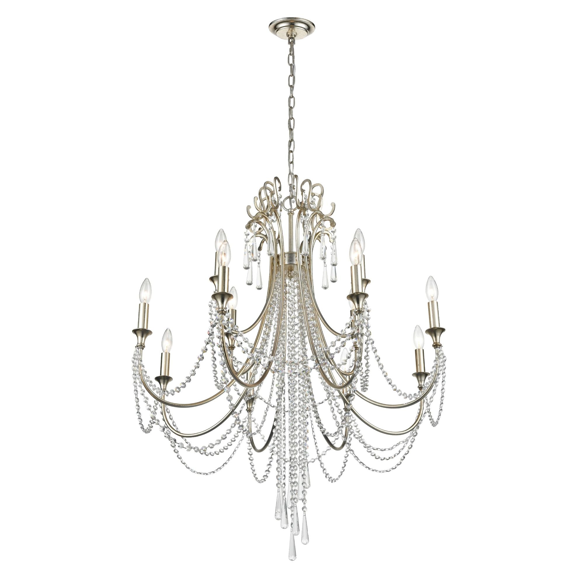 Arcadia 12 Light Antique Silver Chandelier Hand Cut Crystal 32.5"W x 41.5"H x 32.5"D