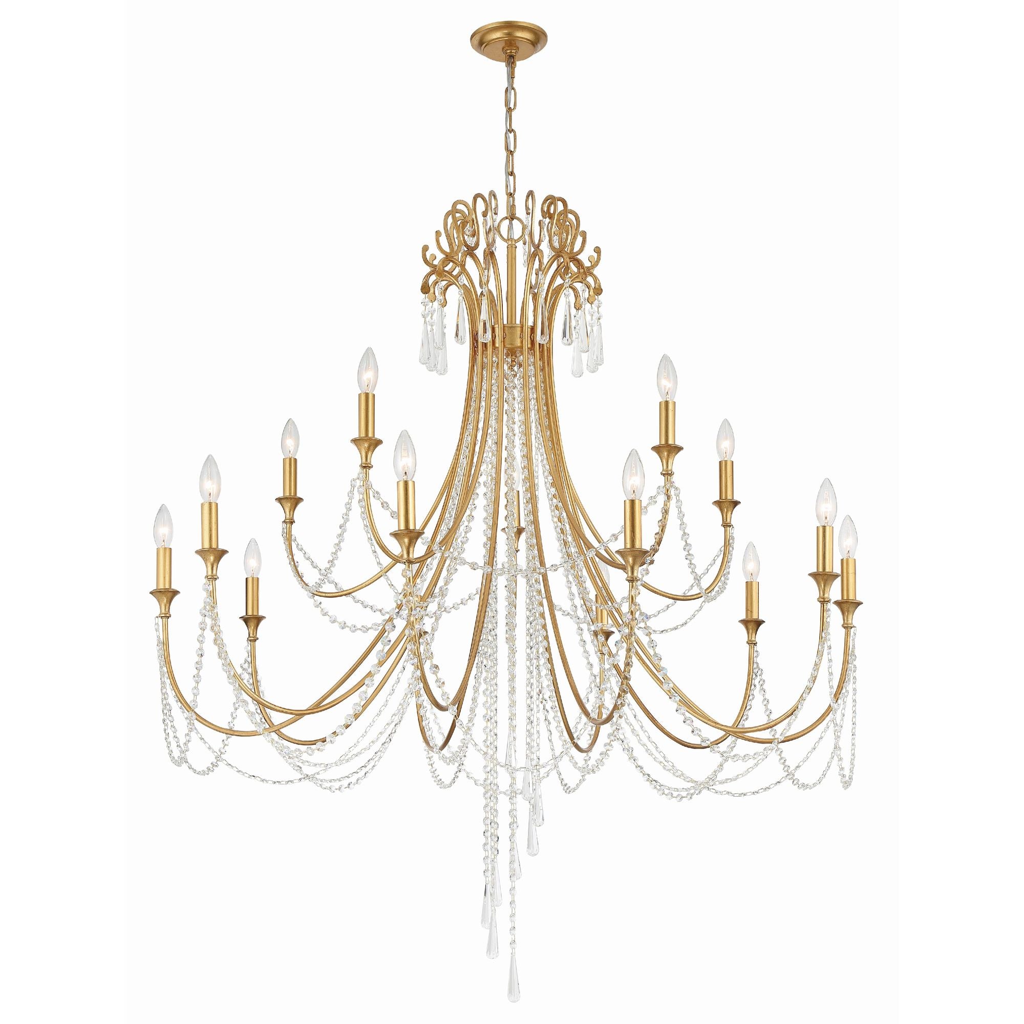 Arcadia 15 Light Antique Gold Chandelier Hand Cut Crystal 46.25"W x 54.75"H x 46.25"D