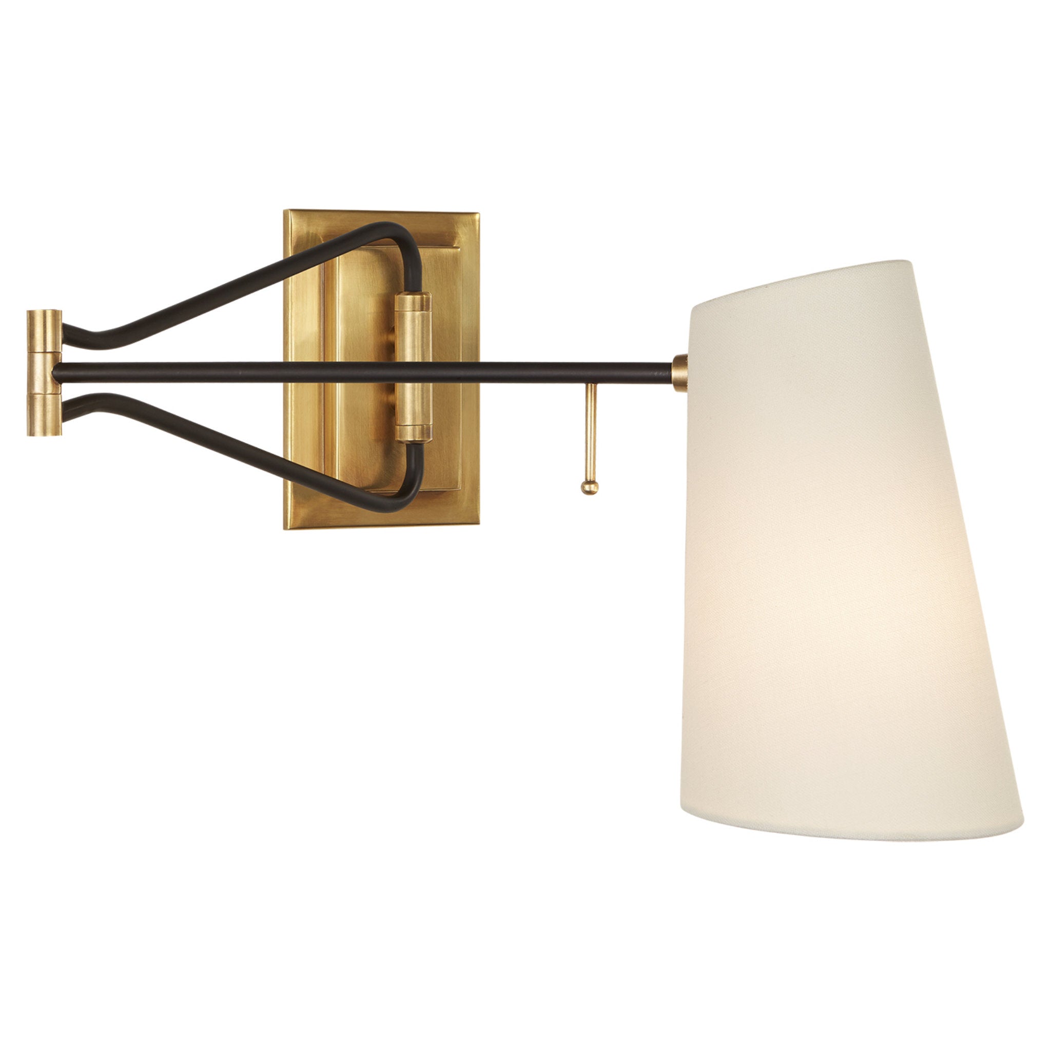 AERIN Keil Swing Arm Wall Light in Hand-Rubbed Antique Brass and Black with Linen Shade W17" x H10"