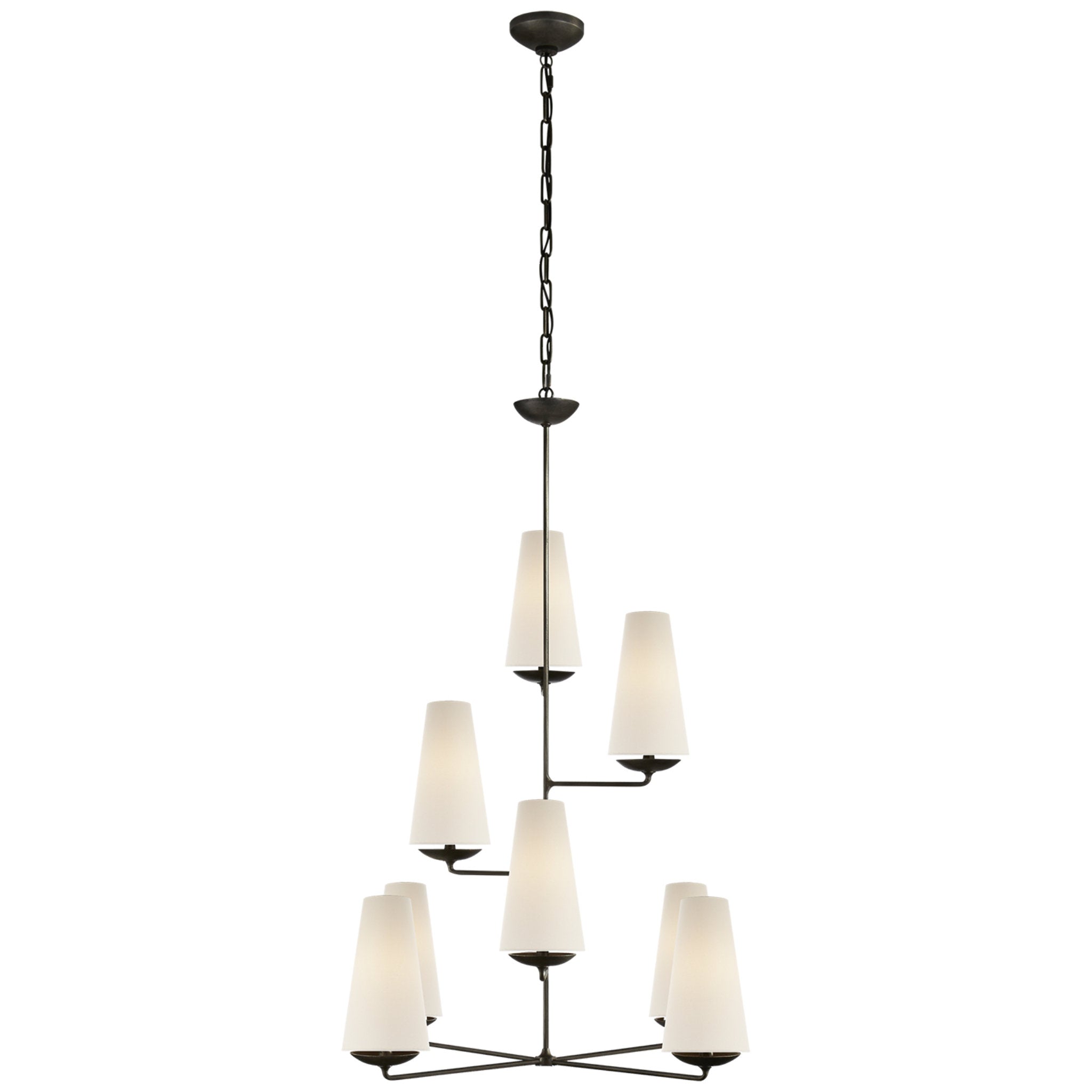 AERIN Fontaine Vertical Chandelier in Aged Iron with Linen Shades Ceiling Light W34.25" x H45.25"