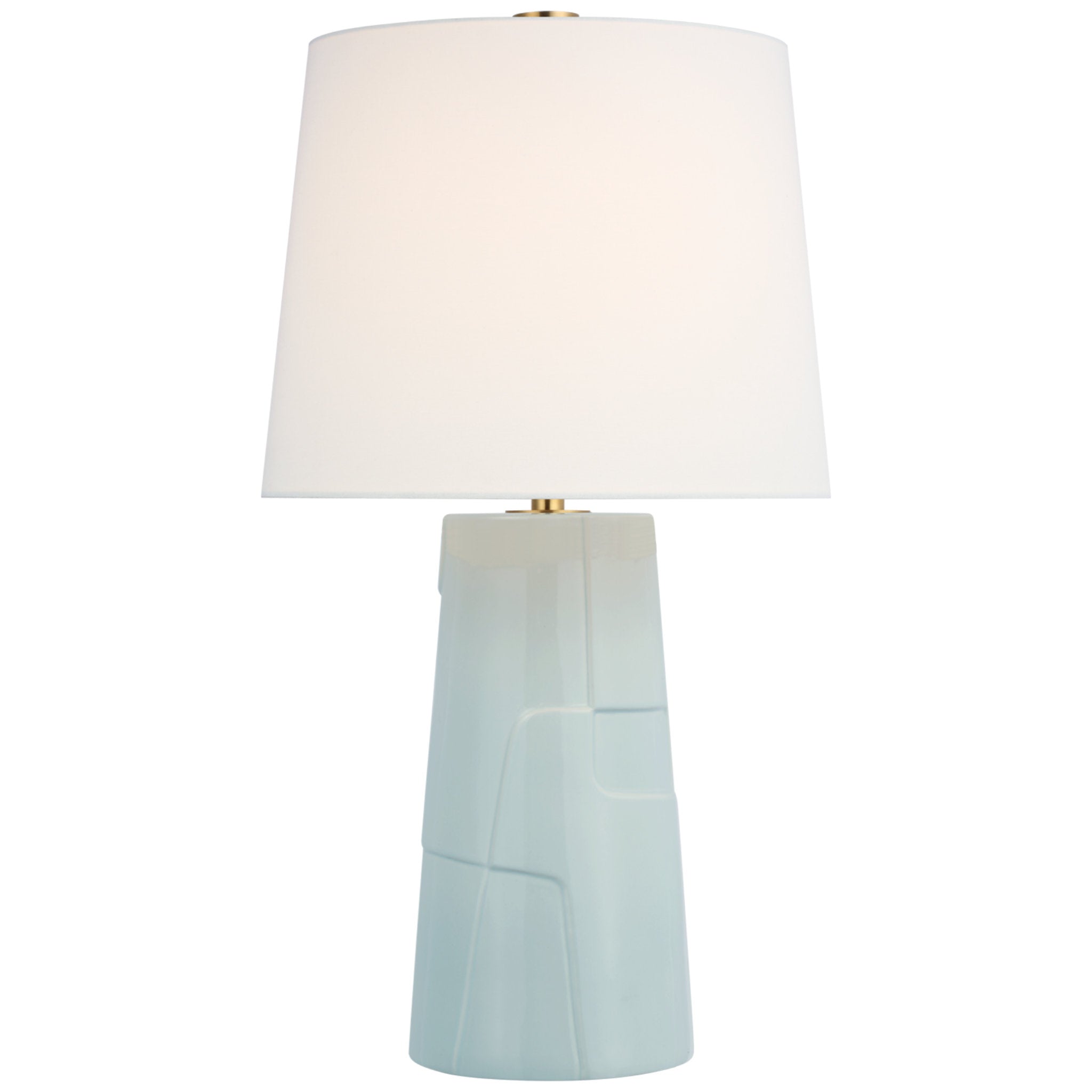 Barbara Barry Braque Medium Debossed Table Lamp in Ice Blue Porcelain with Linen Shade W18" x H28.75"