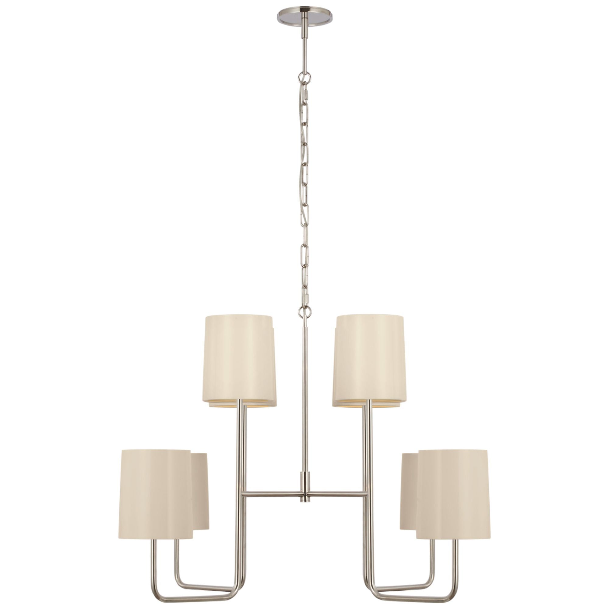 Barbara Barry Go Lightly Extra Large Two Tier Chandelier in Polished Nickel with China White Shades Ceiling Light W30" x H25.25"