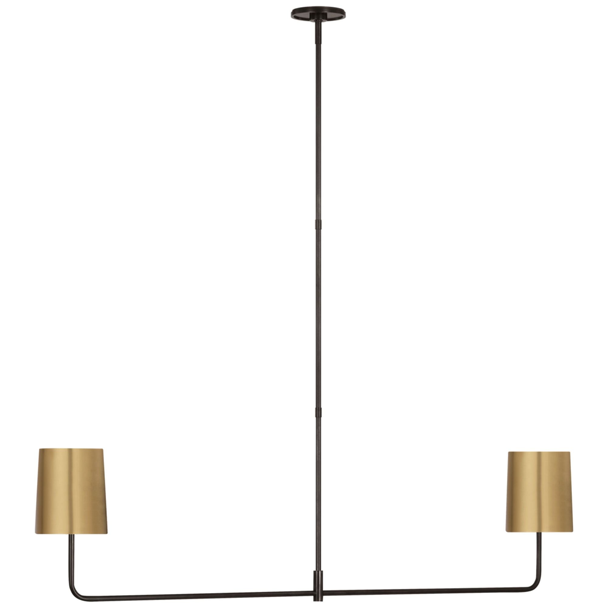 Barbara Barry Go Lightly 54" Two Light Linear Chandelier in Bronze with Soft Brass Shades Ceiling Light W54"