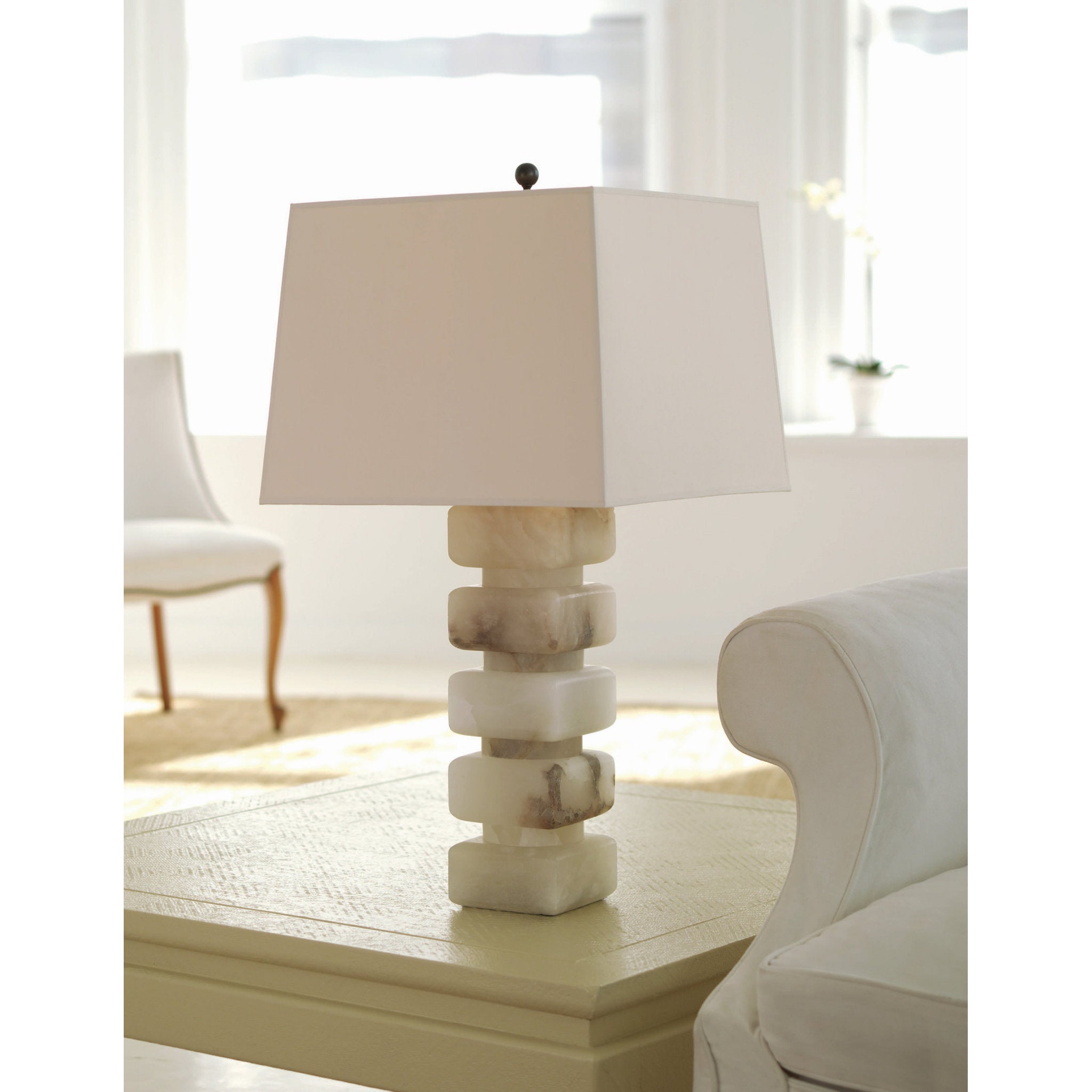 Chapman & Myers Square Chunky Stacked Table Lamp in Alabaster with Natural Paper Shade W16" x H31"