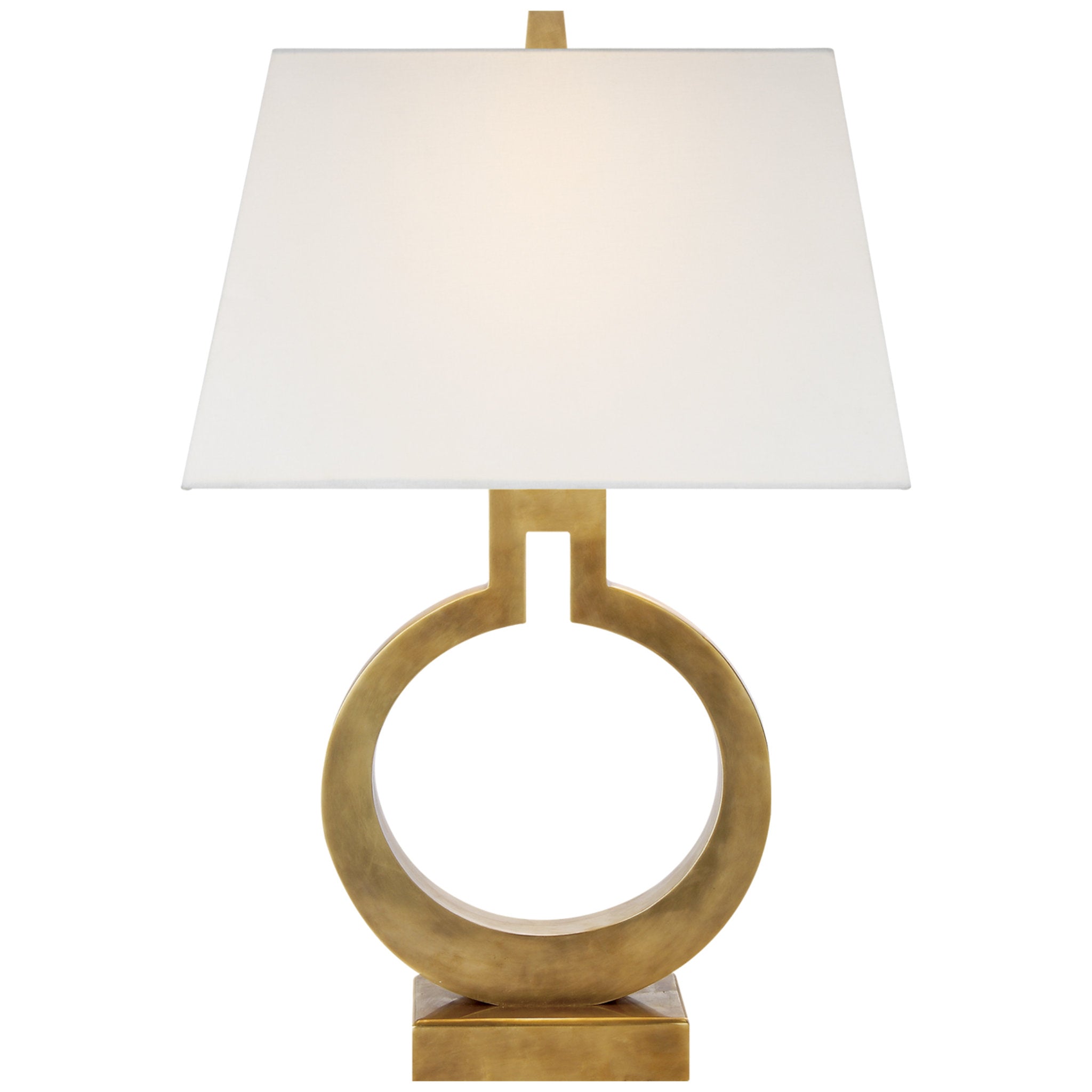 Chapman & Myers Ring Form Small Table Lamp in Antique-Burnished Brass with Linen Shade W13.5" x H21"