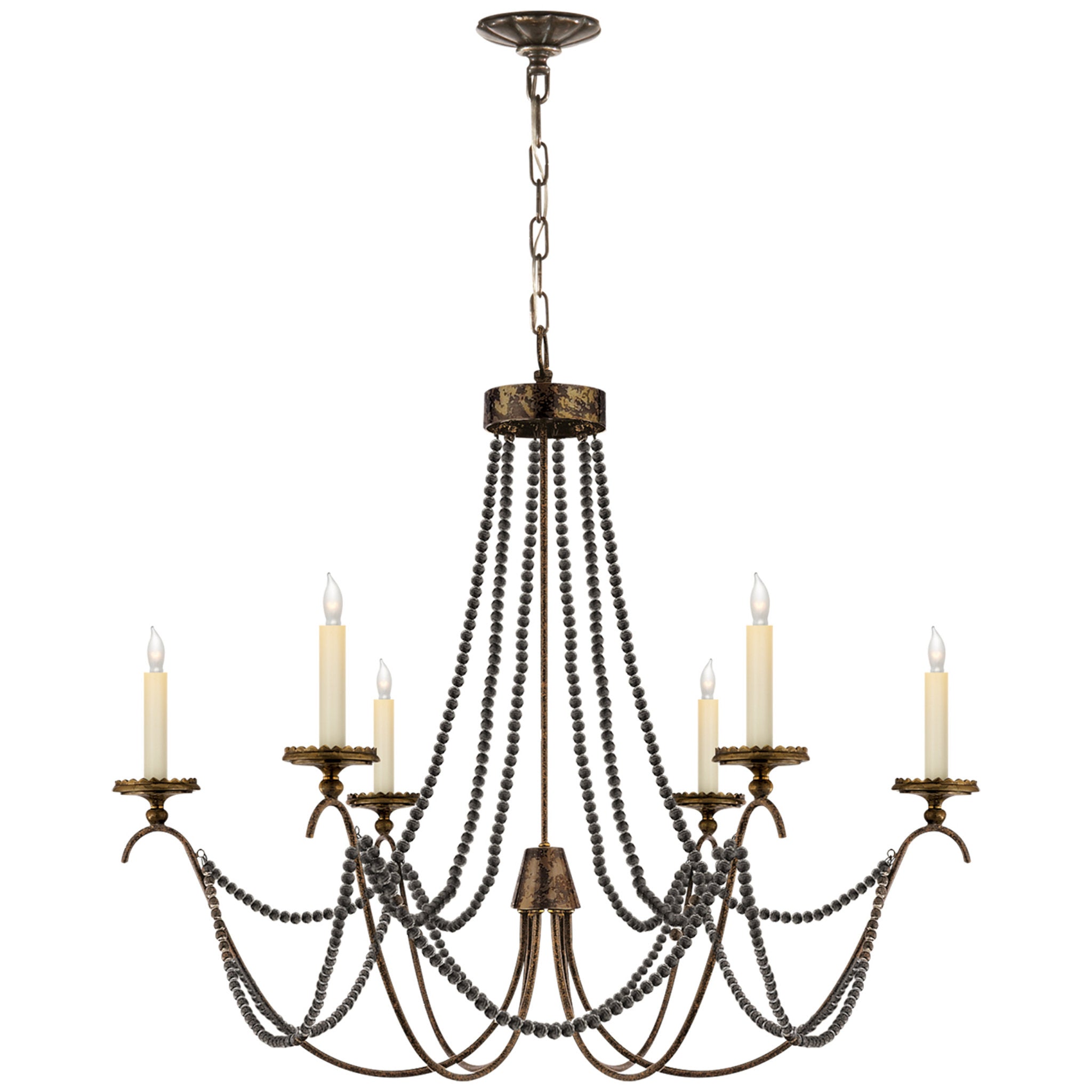 Chapman & Myers Marigot Medium Chandelier in Rust and Antique-Burnished Brass with Tudor Brown Beaded Trim Ceiling Light W33" x H30"