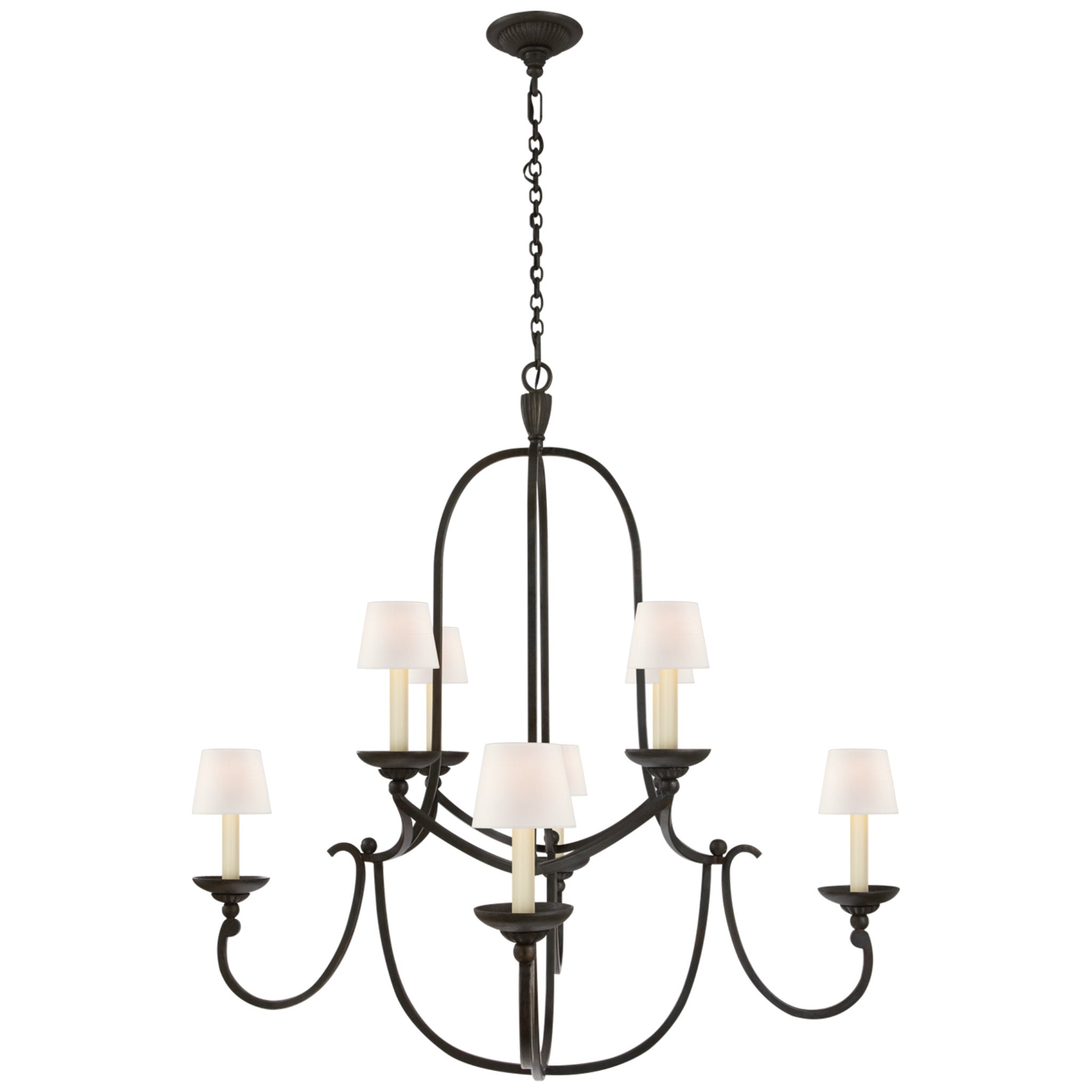 Chapman & Myers Flemish Medium Round Chandelier in Aged Iron with Linen Shades Ceiling Light W37.75" x H36.5"