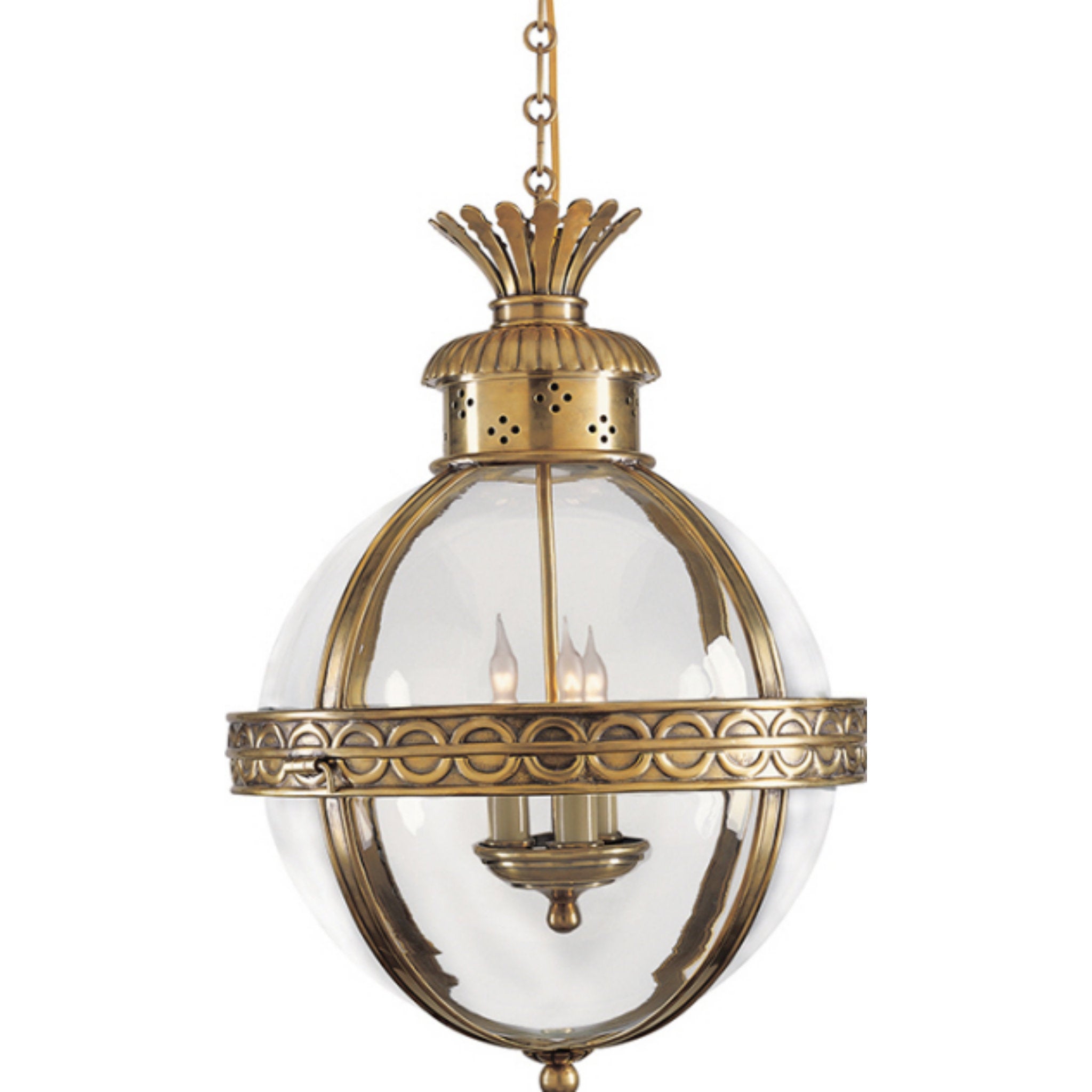 Chapman & Myers Crown Top Banded Globe Lantern in Antique-Burnished Brass with Clear Glass Ceiling Light W15" x H21"