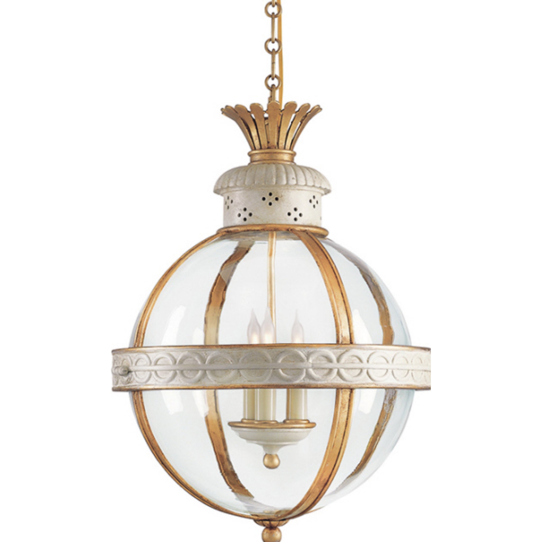 Chapman & Myers Crown Top Banded Globe Lantern in Antique White with Clear Glass Ceiling Light W15" x H21"