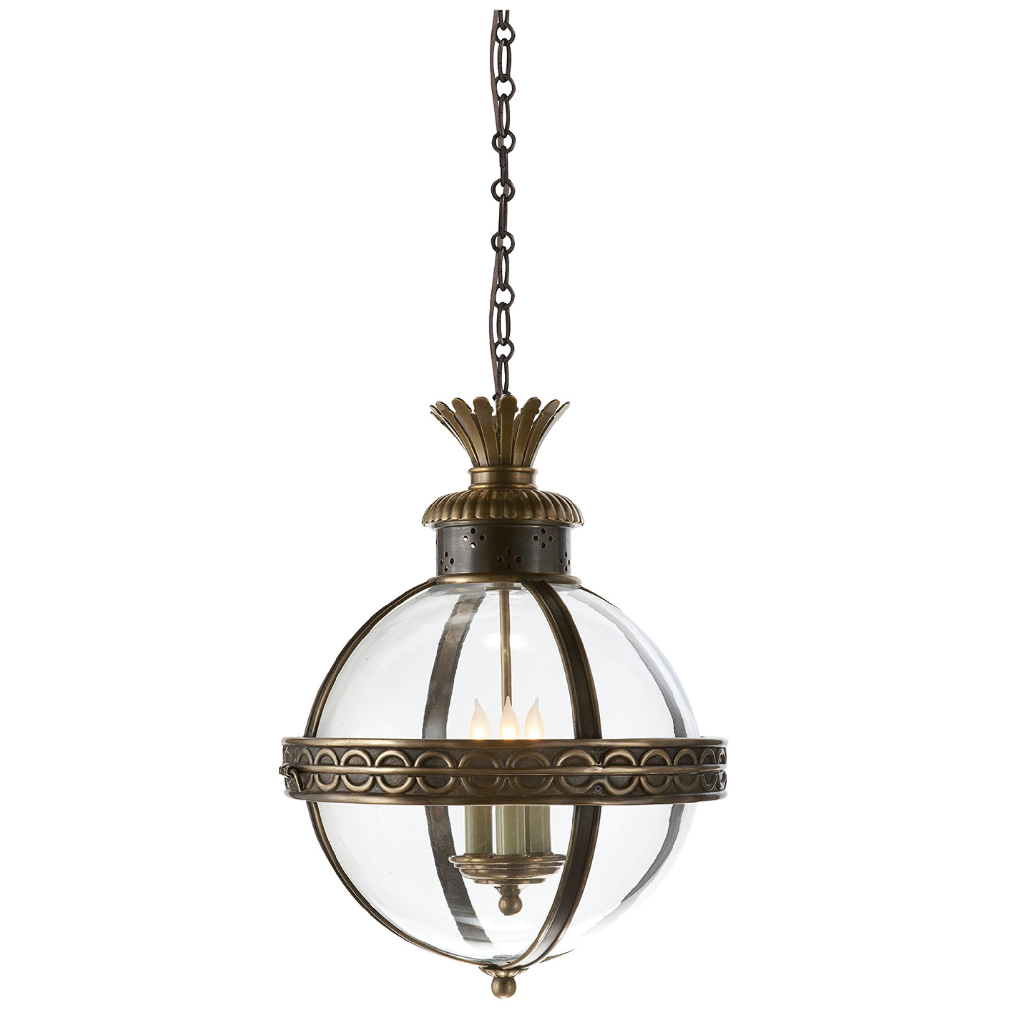 Chapman & Myers Crown Top Banded Globe Lantern in Bronze with Antique-Burnished Brass with Clear Glass Ceiling Light W15" x H21"