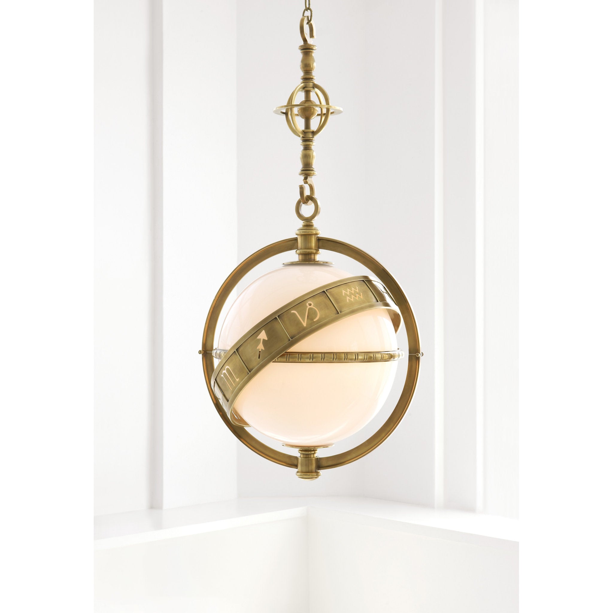 Chapman & Myers Zodiac Lantern in Antique-Burnished Brass with White Glass Ceiling Light W23.5"