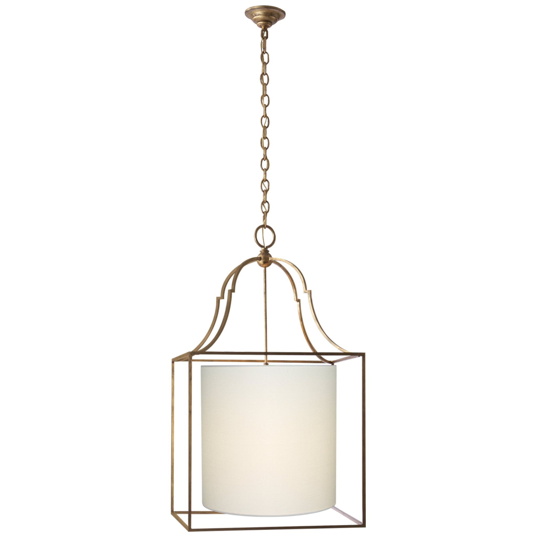 Chapman & Myers Gustavian Lantern in Gilded Iron with Linen Shade Ceiling Light W20.5" x H35.75"