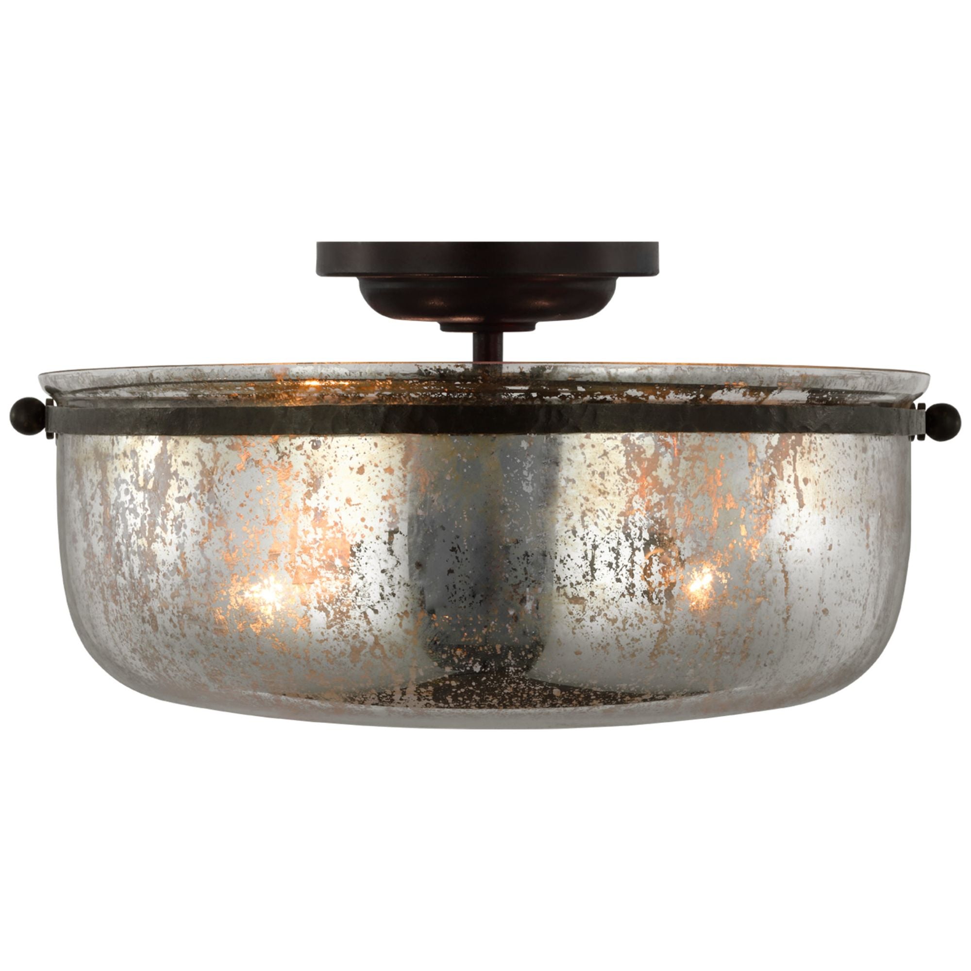 Chapman & Myers Lorford Medium Semi-Flush in Aged Iron with Antique Mercury Glass Ceiling Light W15.5" x H8"