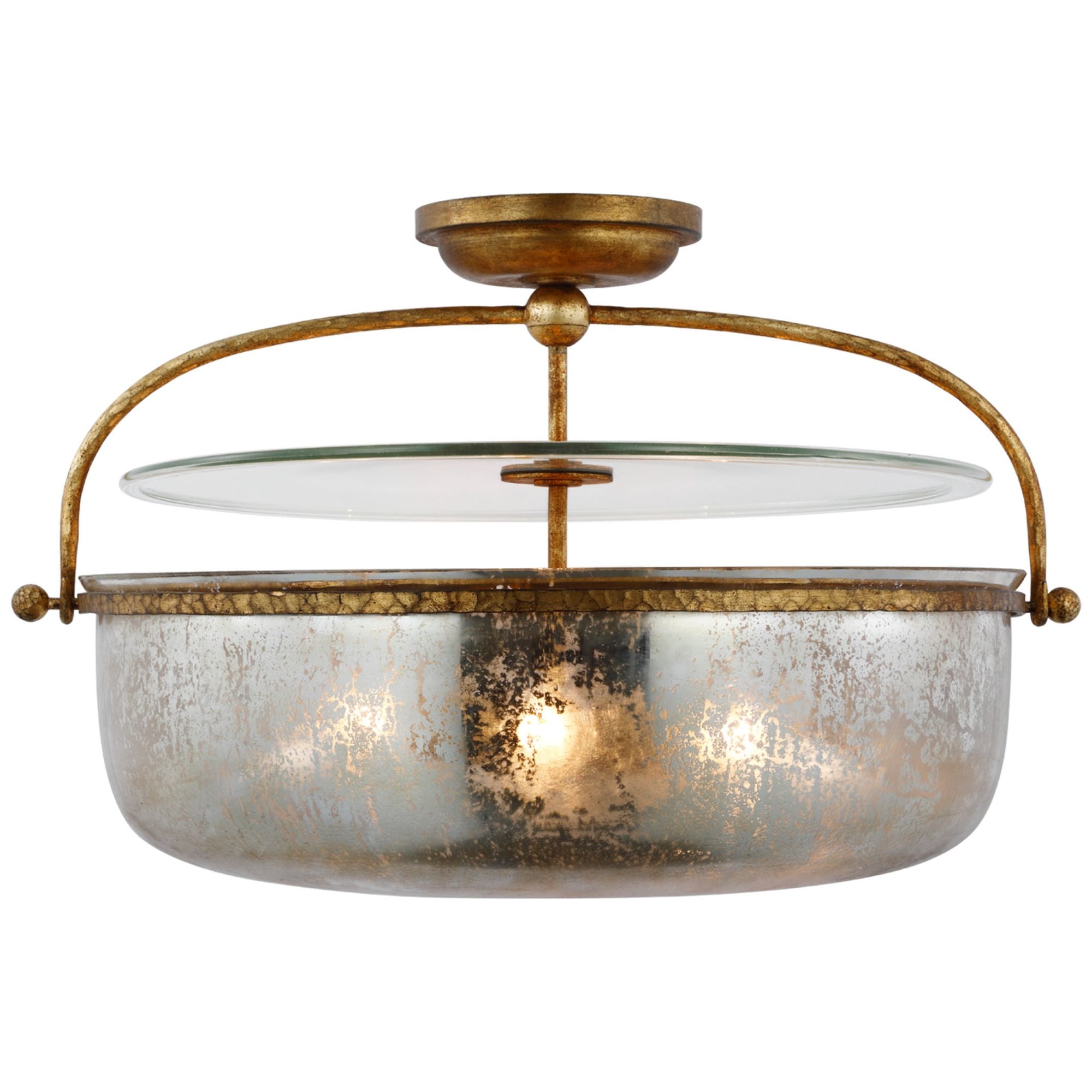 Chapman & Myers Lorford Large Semi Flush Lantern in Gilded Iron with Antique Mercury Glass Ceiling Light W28" x H17.5"