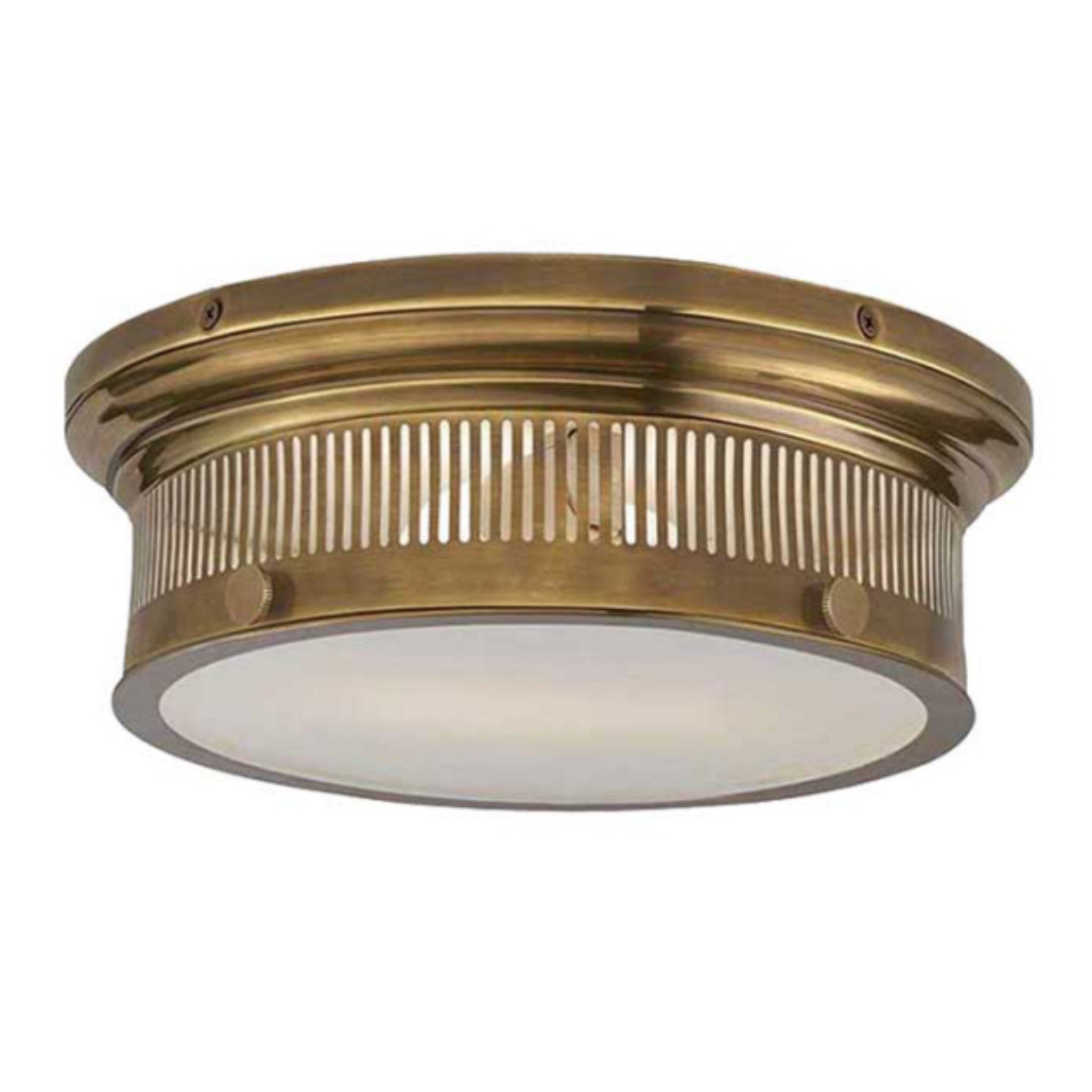 Chapman & Myers Alderly Small Flush Mount in Antique Brass with White Glass Ceiling Light W13" x H4.25"