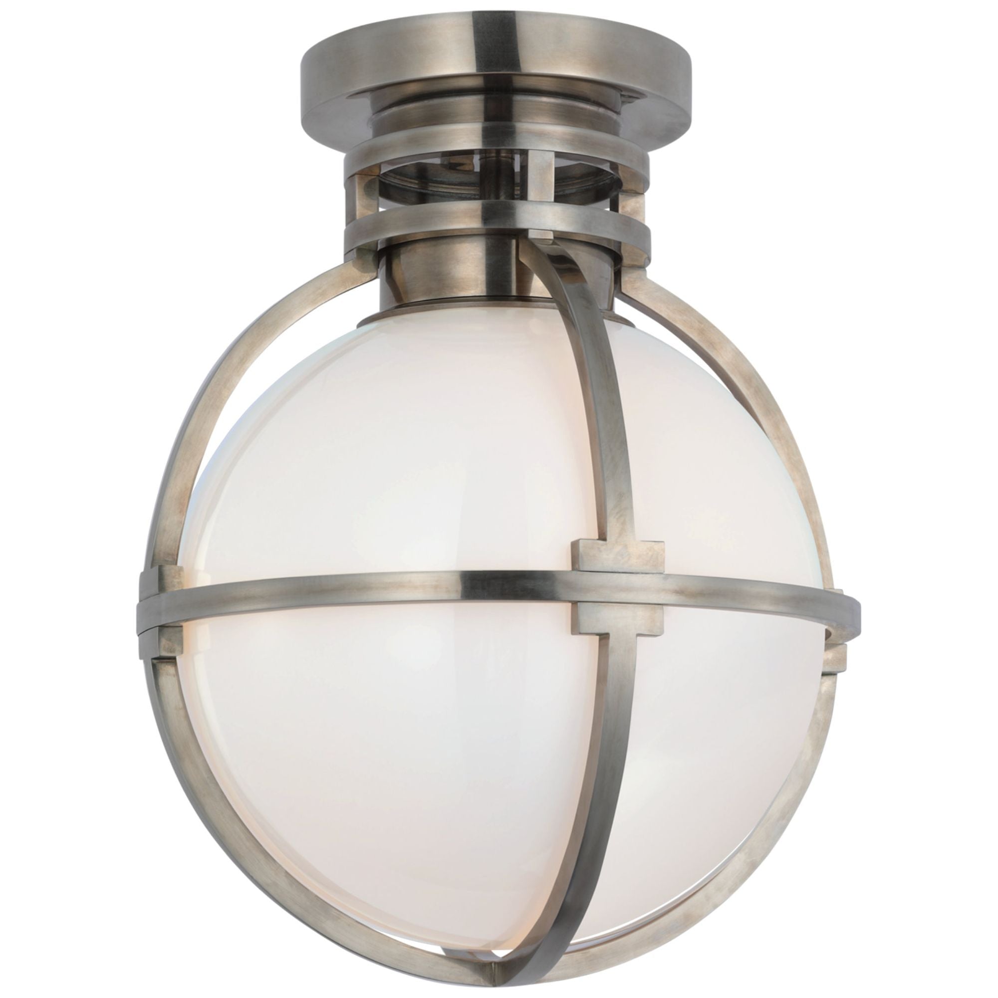 Chapman & Myers Gracie 10" Captured Globe Flush Mount in Antique Nickel with White Glass Ceiling Light W10" x H13"