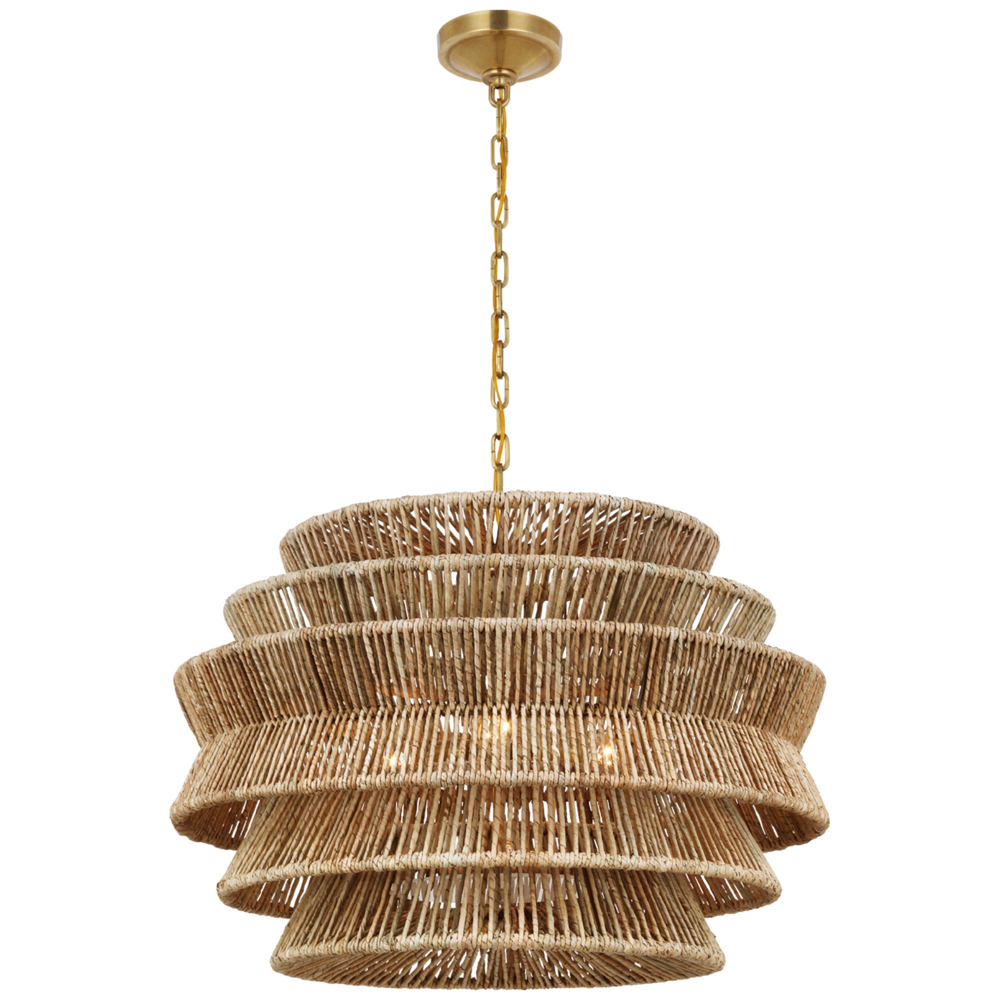 Chapman & Myers Antigua Medium Drum Chandelier in Antique-Burnished Brass and Natural Abaca Ceiling Light W30" x H21.5"