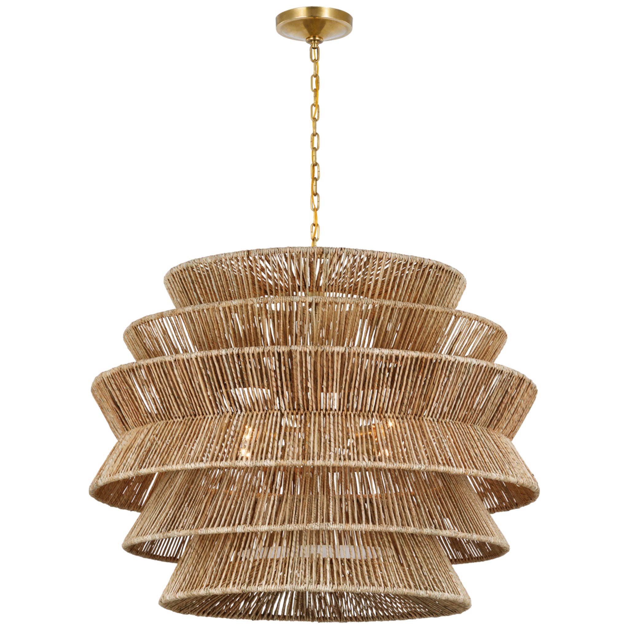 Chapman & Myers Antigua XL Drum Chandelier in Antique-Burnished Brass and Natural Abaca Ceiling Light W42" x H34"