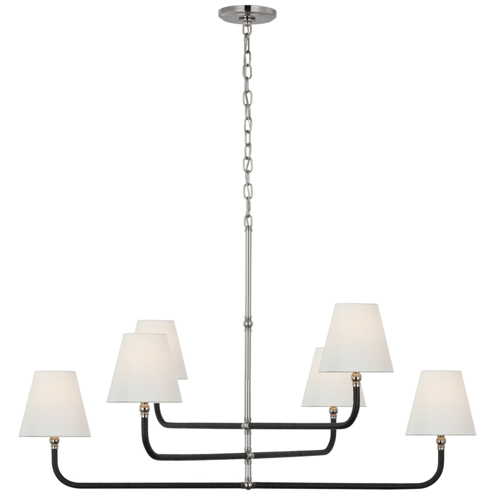 Chapman & Myers Basden Extra Large Three Tier Chandelier in Polished Nickel and Black Rattan with Linen Shades Ceiling Light W46" x H28"