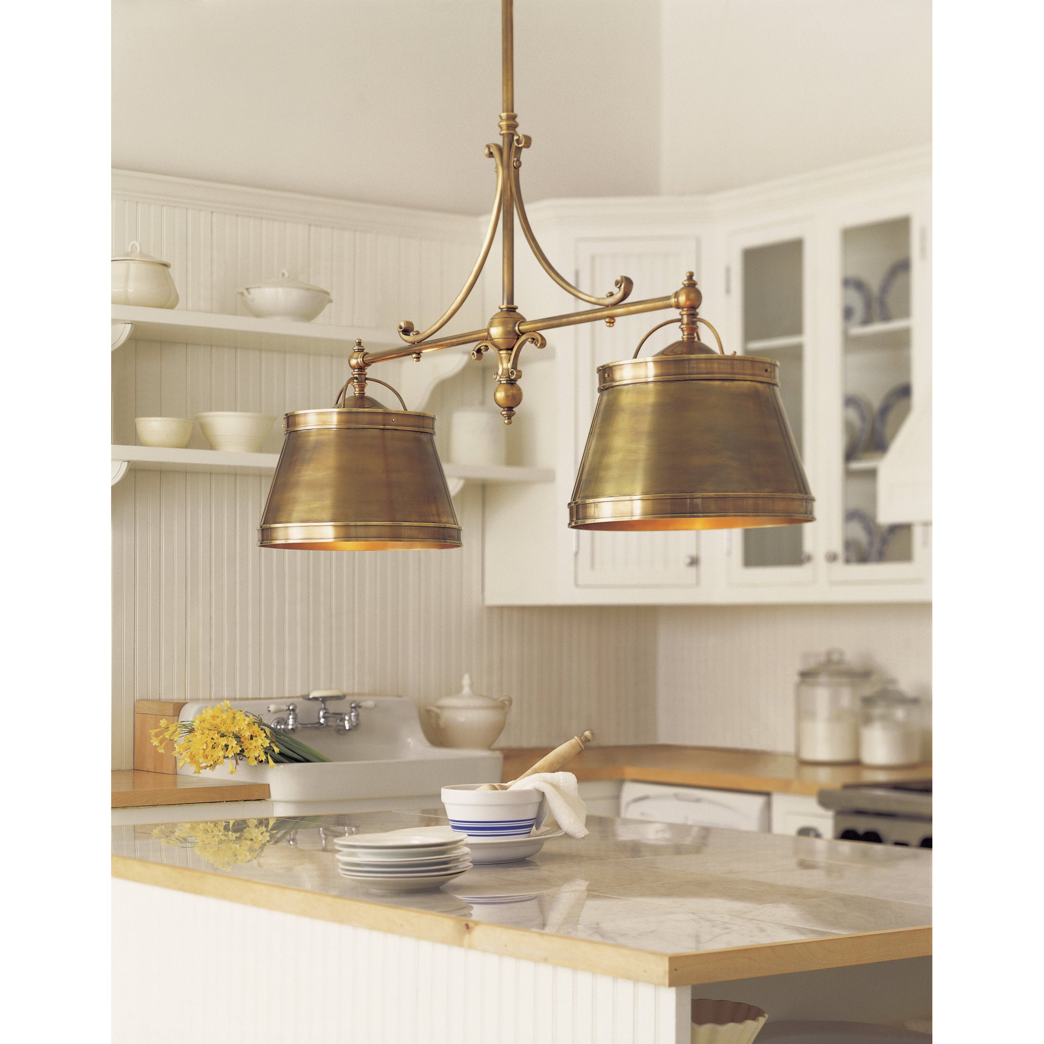 Chapman & Myers Sloane Double Shop Pendant in Antique-Burnished Brass with Antique-Burnished Brass Shades Ceiling Light W54"