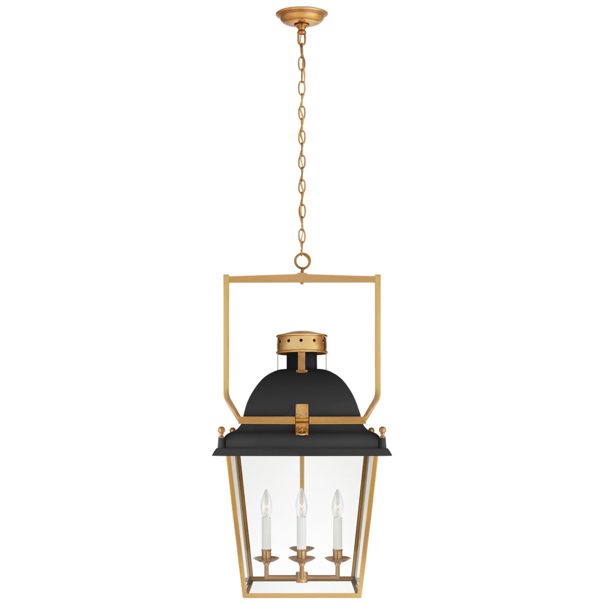 Chapman & Myers Coventry Medium Lantern in Matte Black and Antique-Burnished Brass with Clear Glass Ceiling Light W19" x H36.5"