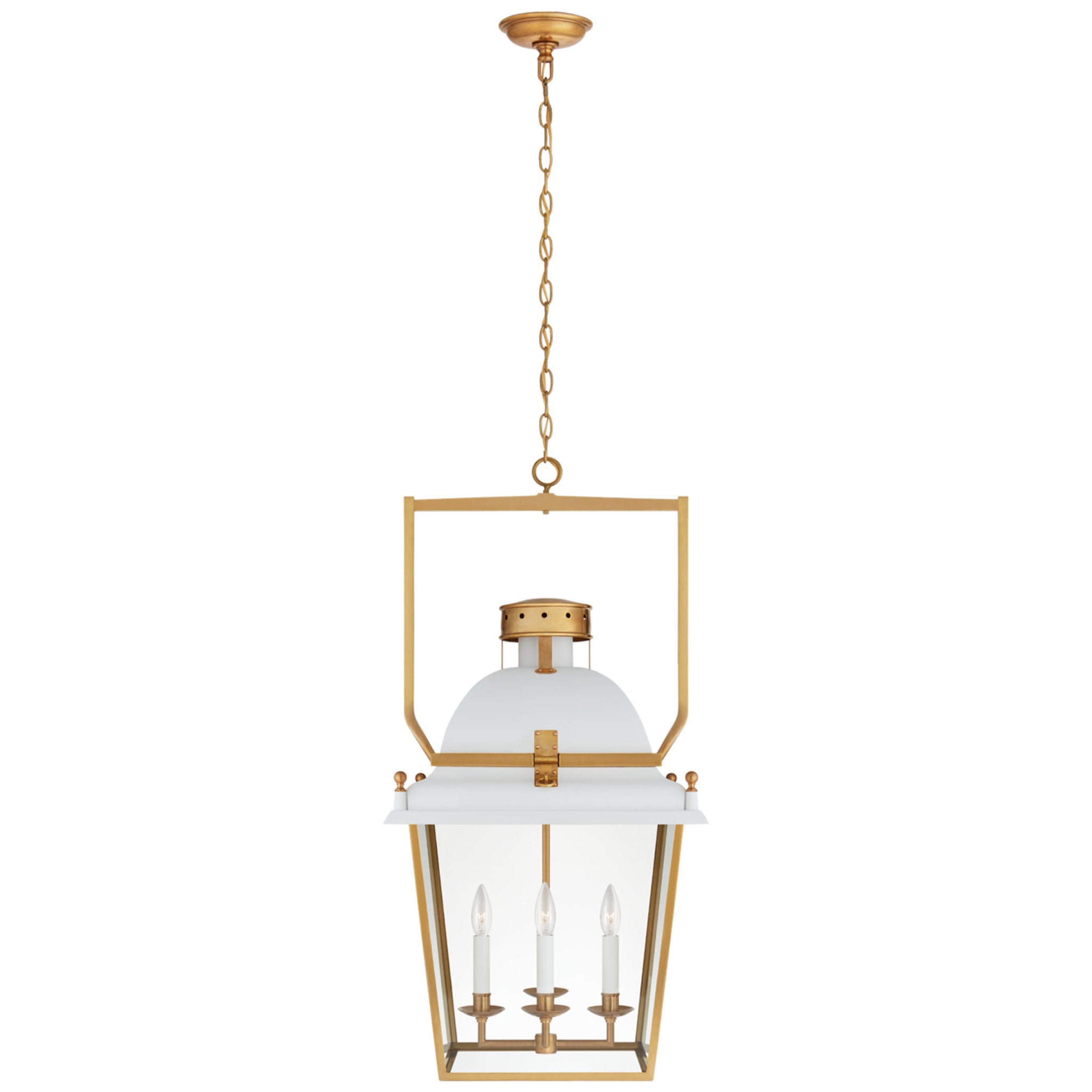 Chapman & Myers Coventry Medium Lantern in Matte White and Antique-Burnished Brass with Clear Glass Ceiling Light W19" x H36.5"