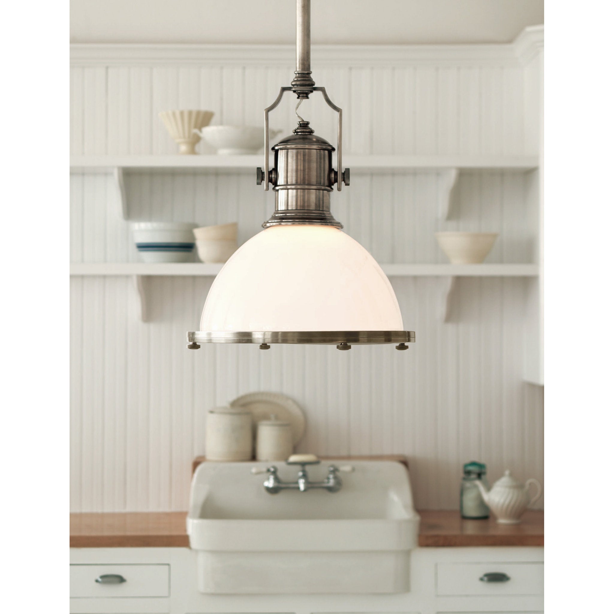 Chapman & Myers Country Industrial Large Pendant in Antique Nickel with White Glass Shade Ceiling Light W19.5"