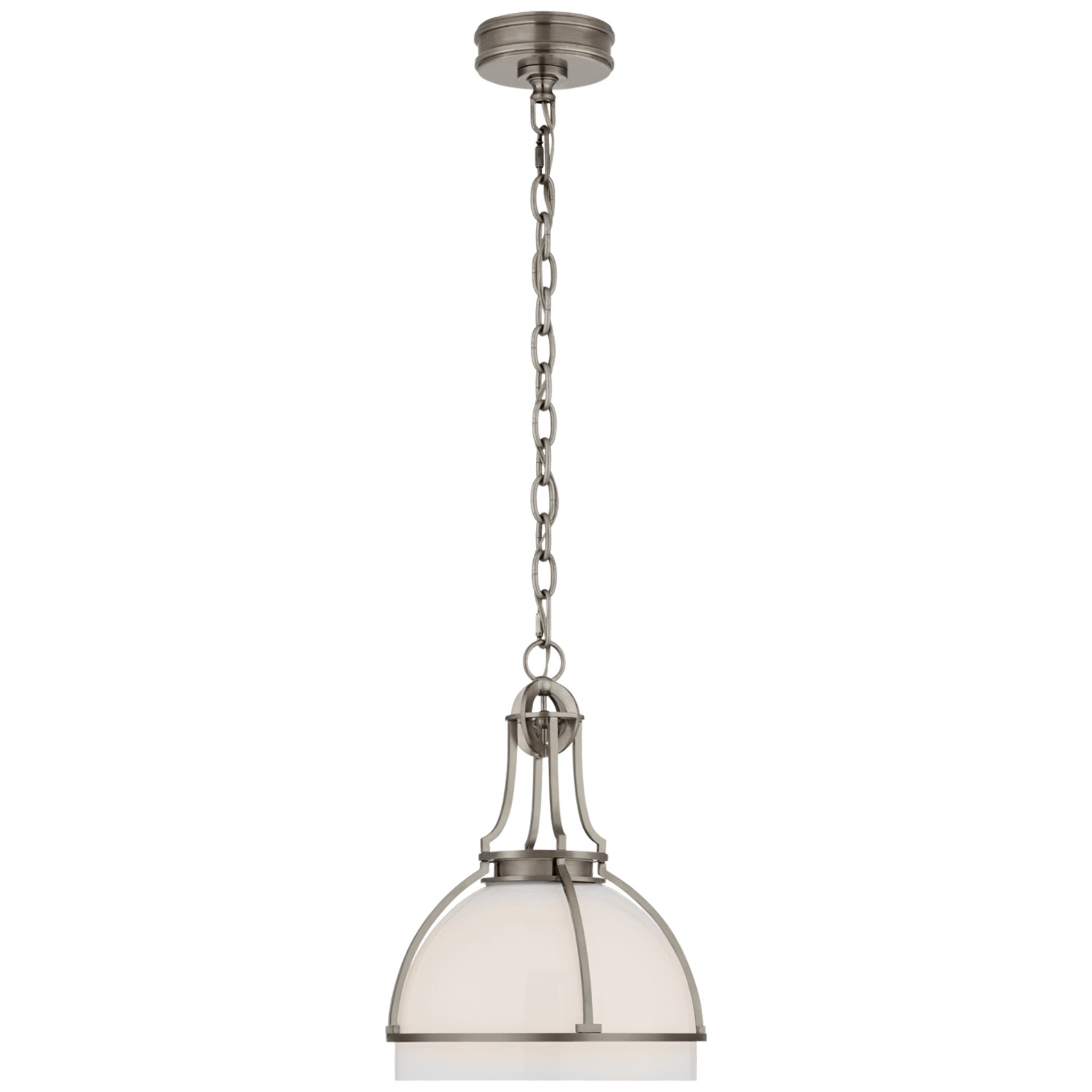 Chapman & Myers Gracie Medium Dome Pendant in Antique Nickel with White Glass Ceiling Light W12" x H16.25"