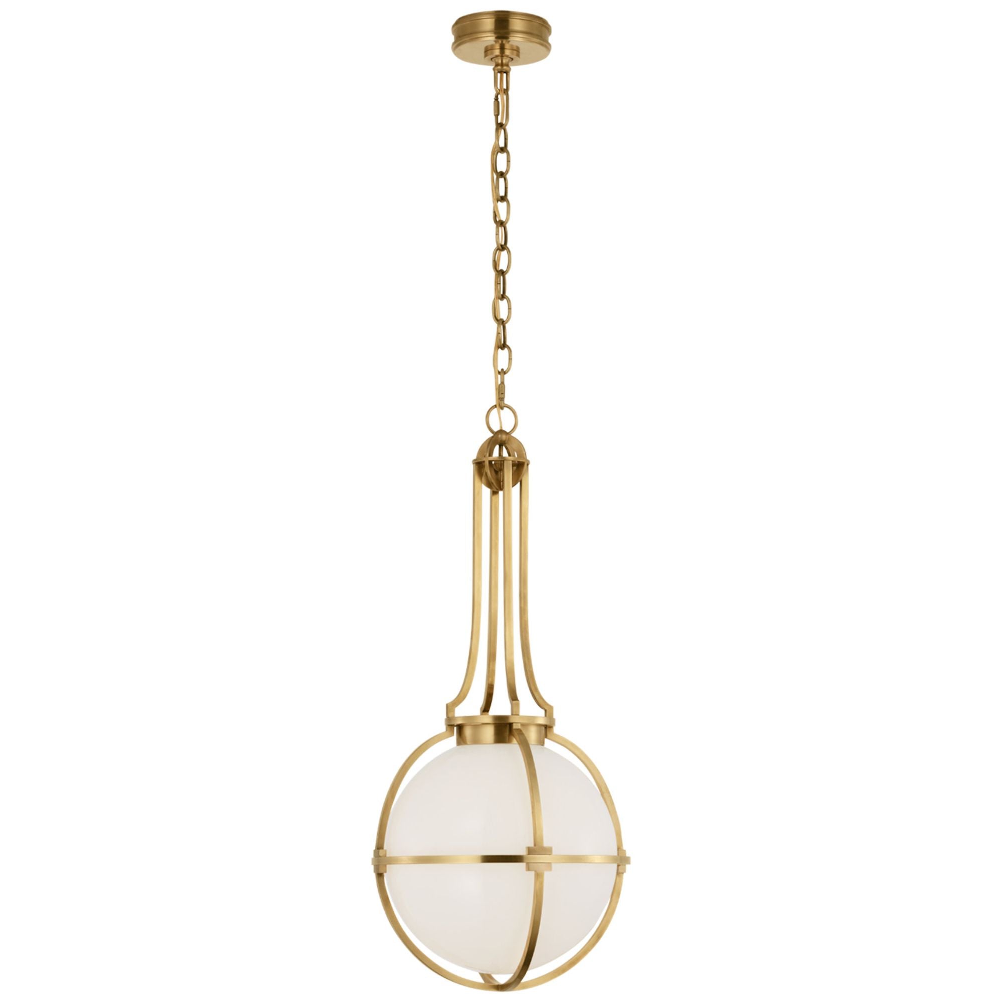 Chapman & Myers Gracie Medium Captured Globe Pendant in Antique-Burnished Brass with White Glass Ceiling Light W13" x H29.5"
